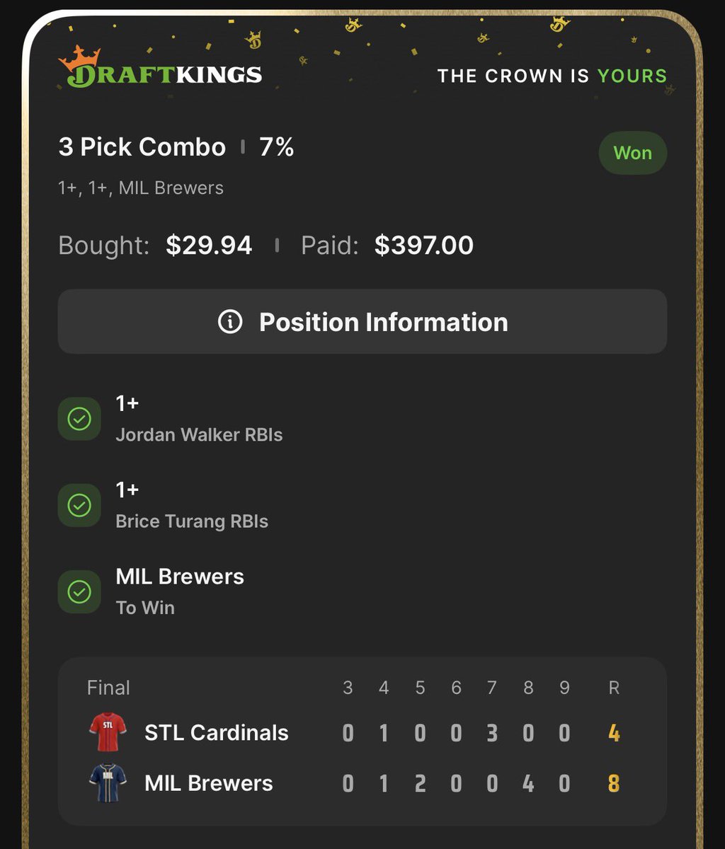 tjslips's tweet photo. Get on the discord for these MLB bangers ‼️

#DraftKings #MLB #Parlays #Brewers https://t.co/2lAG8RwDVN