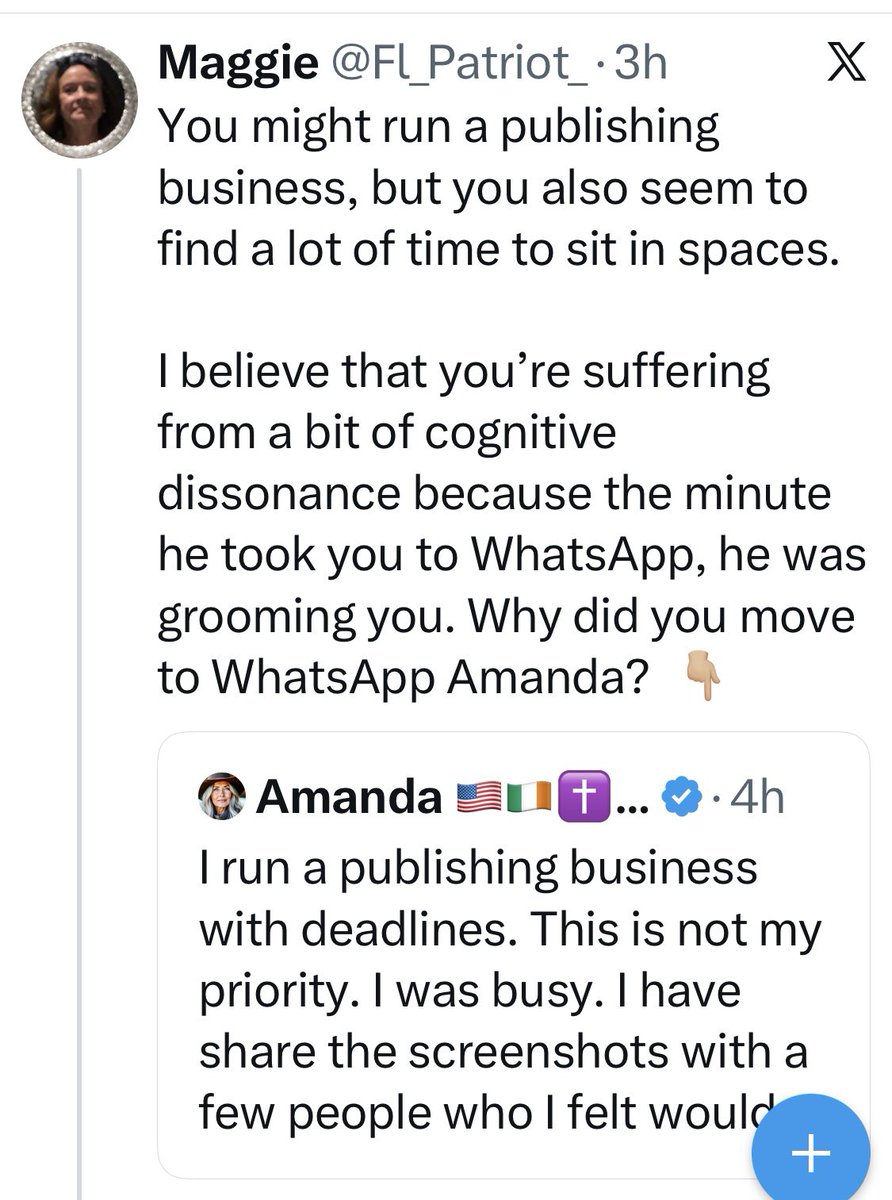 Amandasmylife's tweet photo. Sitting in spaces is like having music or tv on for others. I’ve talked about this before. Sometimes I’m shown as a listener but I’m on the phone or in meeting. I don’t need to leave a space to do that. 

I downloaded WhatsApp because he said it would be easier to message. I spent all of a few minutes on WhatsApp with him. I didn’t like it because I have too many apps as it is, so I deleted it. The conversation in DMs lasted two days which is how long it took for him to give his many sob stories and ask for money. 

Here’s all the proof you need to see. He needed money to pay debt or he was going to jail in 10 days. He also said he needed heart surgery. 

I will say this once… I have an attorney in Australia who is a good friend of mine and a close relative here in the U.S. who is also an attorney. 
I will pursue a slander/libel case against you and your crew if you continue to post about me or speak about me in your spaces. 

I didn’t send him money or lewd pictures. You sent him money over several weeks according to your screenshots of your conversations and then tried to blackmail him into paying you. 

You all are embarrassing yourselves. I’m on X to learn and be a part of the Free Palestine 🇵🇸 community. 

I spoke in the space to defend your claims because they didn’t believe you. Then you come after me? And now the other women who messaged me who said he also asked for money but they didn’t give him any will never talk about it because you’ve made this subject toxic. 

Take some responsibility here. 

I don’t play in the gutter so you can fuck right off.