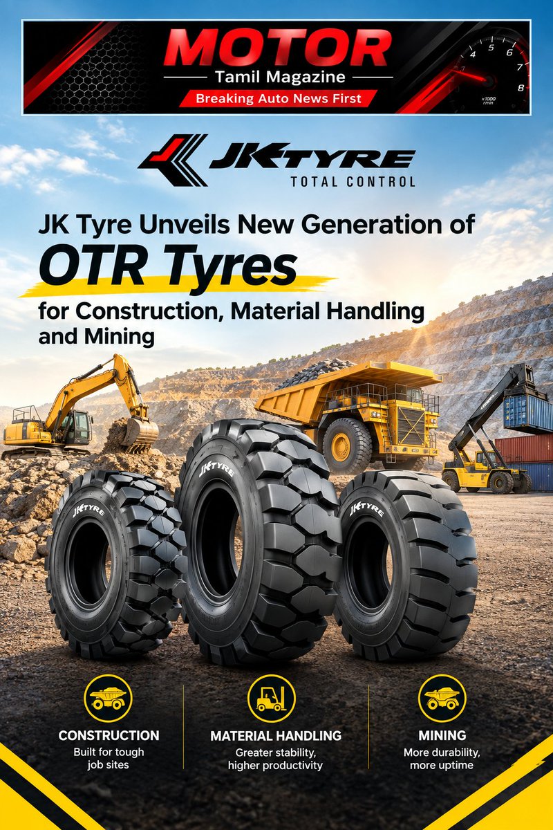 motormagazine1's tweet photo. JK Tyre & Industries Ltd unveiled a new generation of four Off-The-Road (OTR) tyre solutions at BAUMA CONEXPO INDIA 2026 held at the India Expo Centre in Greater Noida on September 15, 2026.
#jktyres #OTRTyres #Unveils #NewRange https://t.co/5RCrgfRsjg