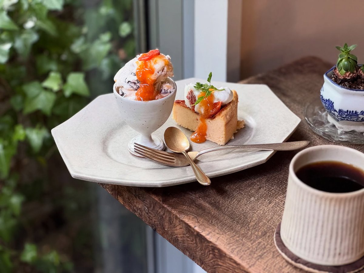 audreycampbellp's tweet photo. A two-part apricot dessert plate: baked cheesecake and nougat glacé. After trying many fruit dessert plates, this ranks among my favorites. The nougat glacé is heavenly, with sweet-tart apricot, raisins, and nuts. Fantastic with tart fruit! https://t.co/ewWIf3PqoO