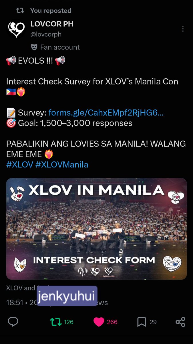jenkyuhui's tweet photo. ★ xlov i,god giveaway ★

will be giving away 4 SEALED I,GOD ALBUMS (random ver) to 4 winners (1 sealed album each) who help rt & answer the #XLOVinManila interest form

mechanics:
★ rt the qrt post & reply with proof of rt + screenshot that u answered the form w/ watermark to join !
★ +1 if u tag a friend too !
★ ph 🇵🇭 only 

ends if target goal is reached / manila concert announcement 🤪

example proof for entry to count: