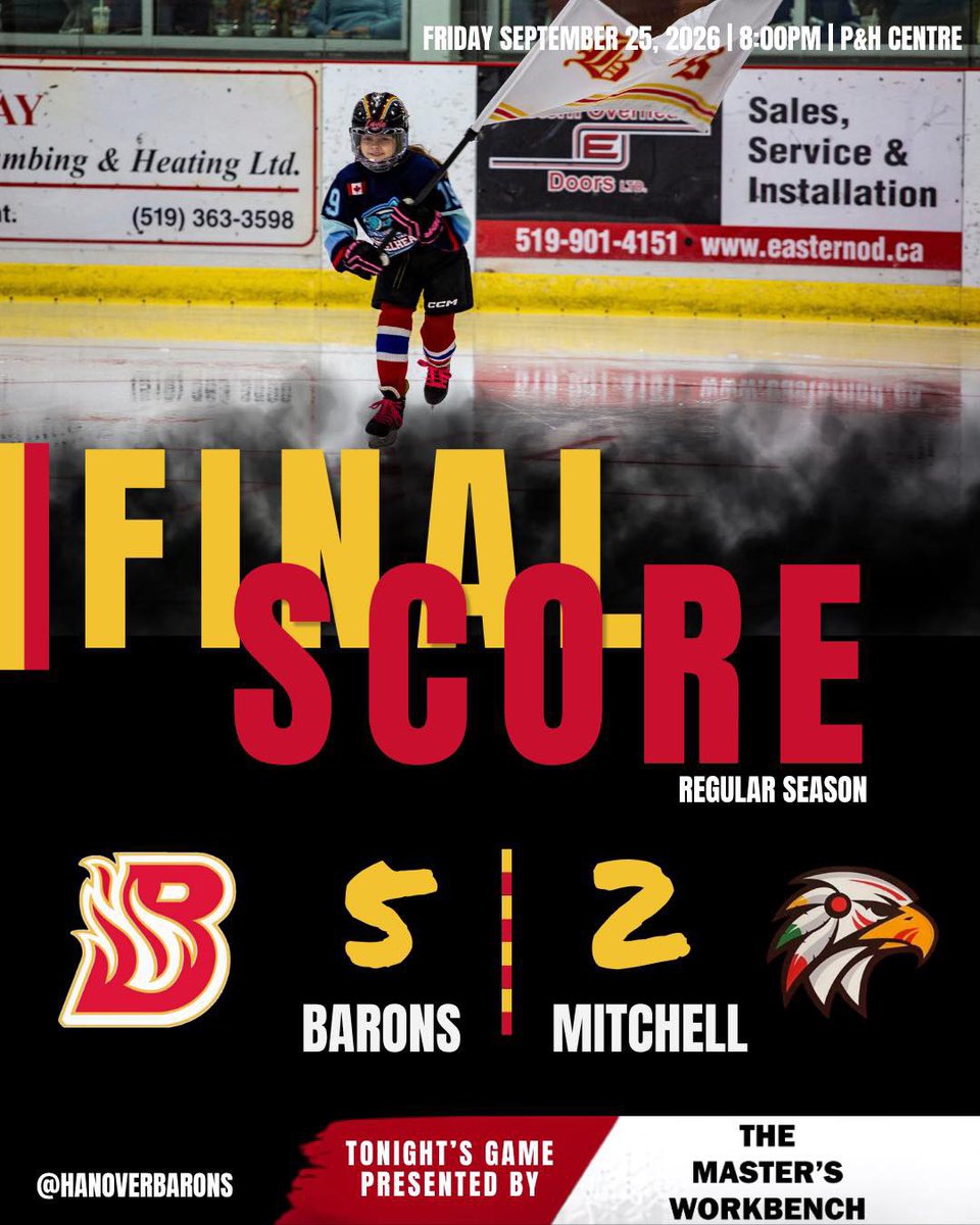 HanoverBarons's tweet photo. Win on home ice ✅ 

Thank you to Tonight’s game sponsor Masters Work Bench! https://t.co/R4mtkwgmNn