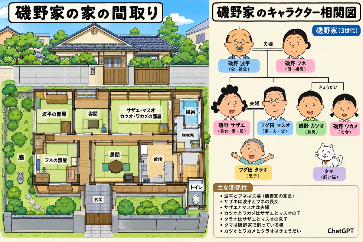 kntm_info's tweet photo. AI別画像生成検証「サザエさんの磯野家の家の間取りとキャラクターの相関図をイラストで生成、右下に「*AI名*」って表記

自分がよく知ってるもので検証すると、どのAIがどのくらい優秀かわかりやすいね。プロンプト一発じゃ書かなくてグスグスと追加質問を続けたあげく一番ダメだったCopilotはバカ https://t.co/EazfxxP336