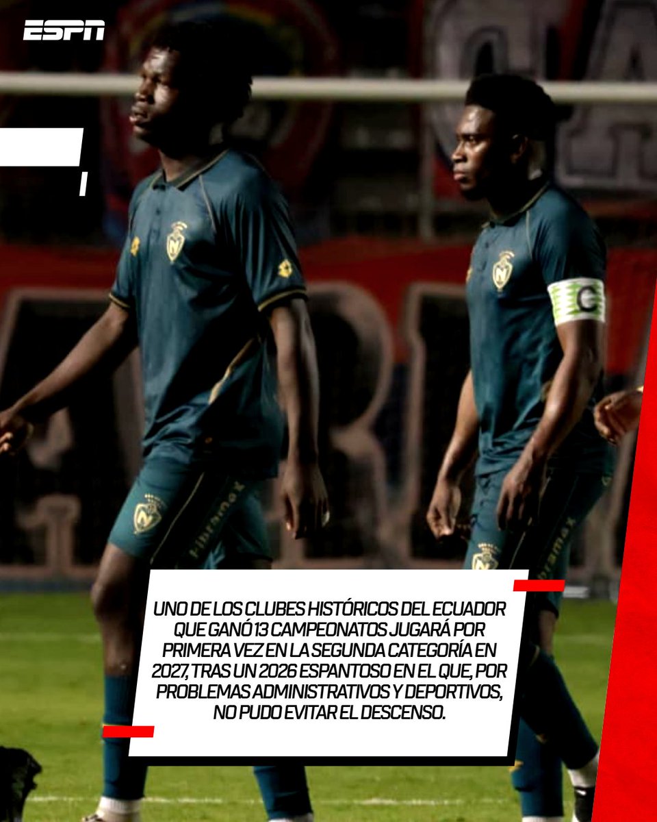 ESPNEcuador's tweet photo. ❌🚨 ¡LA CAÍDA DE UN HISTÓRICO! 

⚽😓 Luego de perder 3-0 ante Cumbayá en el hexagonal de permanencia de la Liga Ecuabet Serie B, El Nacional descendió oficialmente a la Segunda Categoría del fútbol ecuatoriano.

🔴⬇️ Uno de los equipos más ganadores de Ecuador no estuvo ni cerca del ascenso y esta ya es la mayor crisis en la historia del Bi-Tri.
