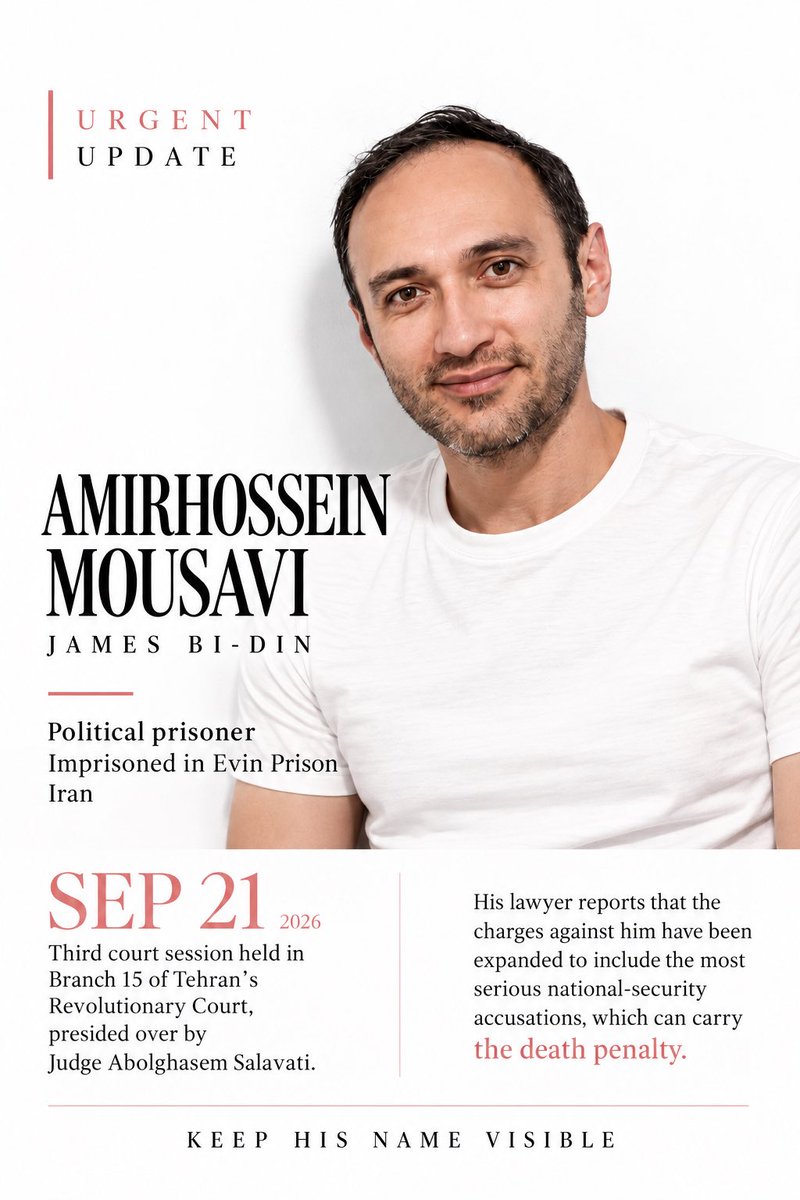 pink4iranbside's tweet photo. 🚨 URGENT 
AMIRHOSSEIN MOUSAVI

Amirhossein Mousavi, known on X as “James Bi-Din,” remains imprisoned in Evin.

His third trial session was held on September 21 before Branch 15 of Tehran’s Revolutionary Court, presided over by Judge Abolghasem Salavati.

He has faced nine charges connected to his online activity, including national-security and Israel-related accusations. 
Mousavi has previously said televised statements attributed to him were obtained under pressure, threats and coercion and were distorted.

Keep his name visible.

AMIRHOSSEIN MOUSAVI JAMES BI-DIN
#امیرحسین_موسوی
