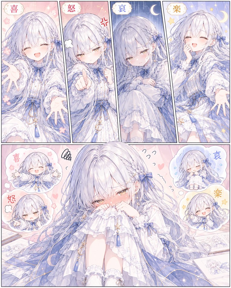 nyantoka_AI's tweet photo. 喜怒哀楽と恥ずかしがってるオチができるプロンプトを作ってみました🙄

プロンプトはリプに🦭

#うちのコ喜怒哀楽

利用時に、タグ付けか、引用してもらえると嬉しいです。

プロンプトの中身は好きにいじってオッケーなので、お好きに使ってみてください🐈 https://t.co/R6N37wYP9v