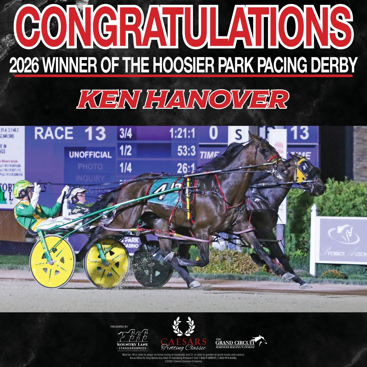 HoP_Racing's tweet photo. Congratulations to the connections of Ken Hanover driven by Tim Tetrick for trainer Roland Mallar winning the 2026 Hoosier Park Pacing Derby!

📸 @harnessindiana https://t.co/ohLqVZhpc9