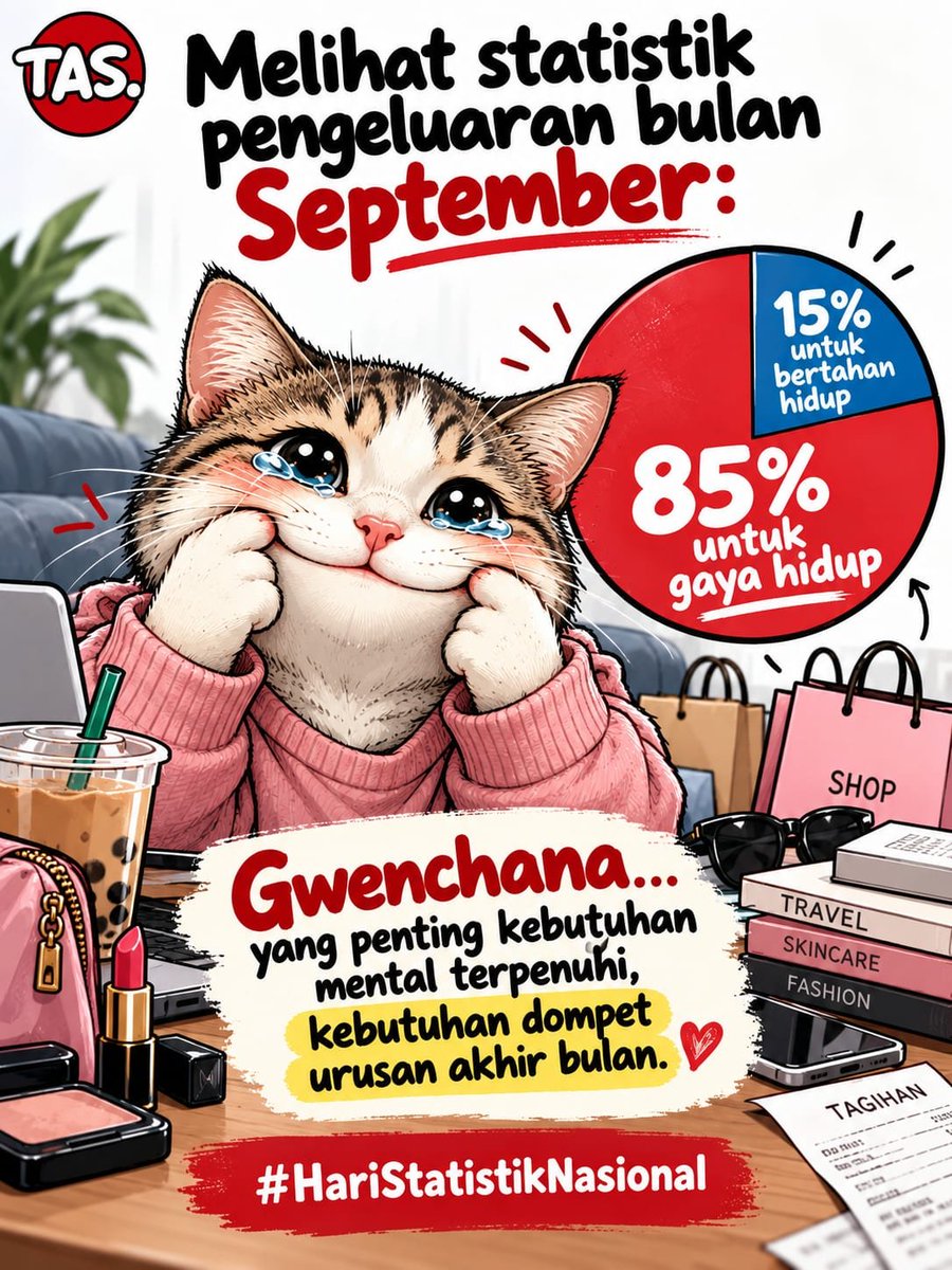Annikasarrs's tweet photo. Melihat statistik pengeluaran September: 85% buat gaya hidup, 15% bertahan hidup. Jiwa gwenchana, tapi dompet menangis kencang!

#HoaksBCA  Presiden Prabowo Hari Sabtu #BPTaskinDanPesantren Budiman Sudjatmiko #CHARMISSXFOURTH Guruh Soekarnoputra https://t.co/MmHTzSGodr