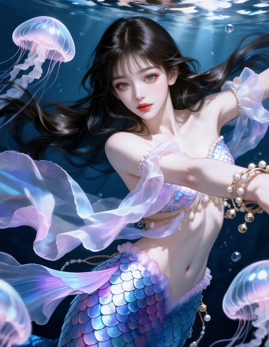 2_dam_e's tweet photo. 춤추는 인어공주 프롬공유

1.2::adult::, 1.3::cowboy shot::, 1.2::thigh up::, 1.3::dancer::, 1.2::underwater dance::, 1.2::flowing motion::, 1.1::arms outstretched::, 1.3::floating hair::, 1.3::hair flowing upward::, 1.2::weightless hair::, 1.2::hair drifting::, 1.1::hair swaying::, 1.2::serene expression::, 1.2::looking at viewer::, 1.3::mermaid dancer::, 1.3::bioluminescent fabric::, 1.2::deep blue and violet::, 1.2::scale pattern::, 1.3::translucent fabric::, 1.3::fabric floating::, 1.2::weightless clothing::, 1.2::jingling bracelets::, pearl jewelry, 1.1::shell accessories::, 1.3::fully submerged::, 1.3::endless deep water::, 1.2::abyss::, 1.2::surrounded by water::, 1.2::floating bubbles::, 1.3::glowing jellyfish::, 1.2::ambient glow::, 1.2::bioluminescent particles::, 1.2::shimmer::, 1.1::glowing::, cool color palette, cinematic lighting, depth of field, masterpiece, best quality, very aesthetic,