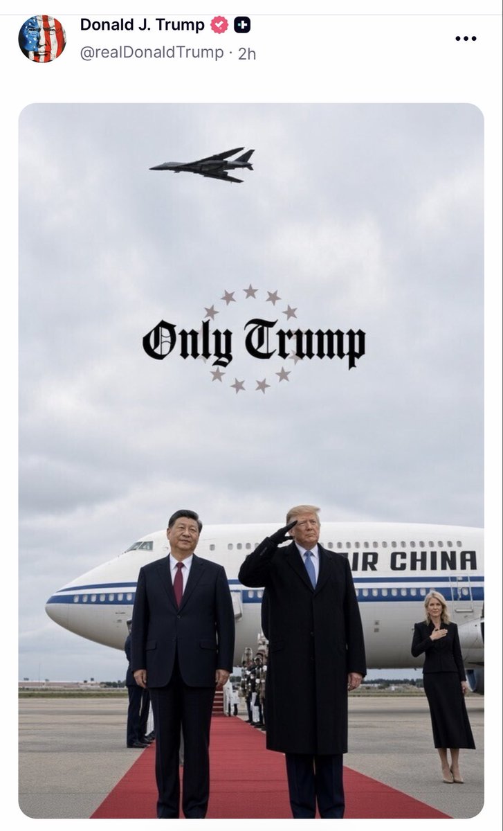GuntherEagleman's tweet photo. ONLY TRUMP.

A B-1 overhead. Xi on the carpet. The President saluting American power while the world watches. That is not soft diplomacy. That is respect earned the hard way.

Nobody else projects strength like this. Nobody else. https://t.co/mWIuGj2e5d