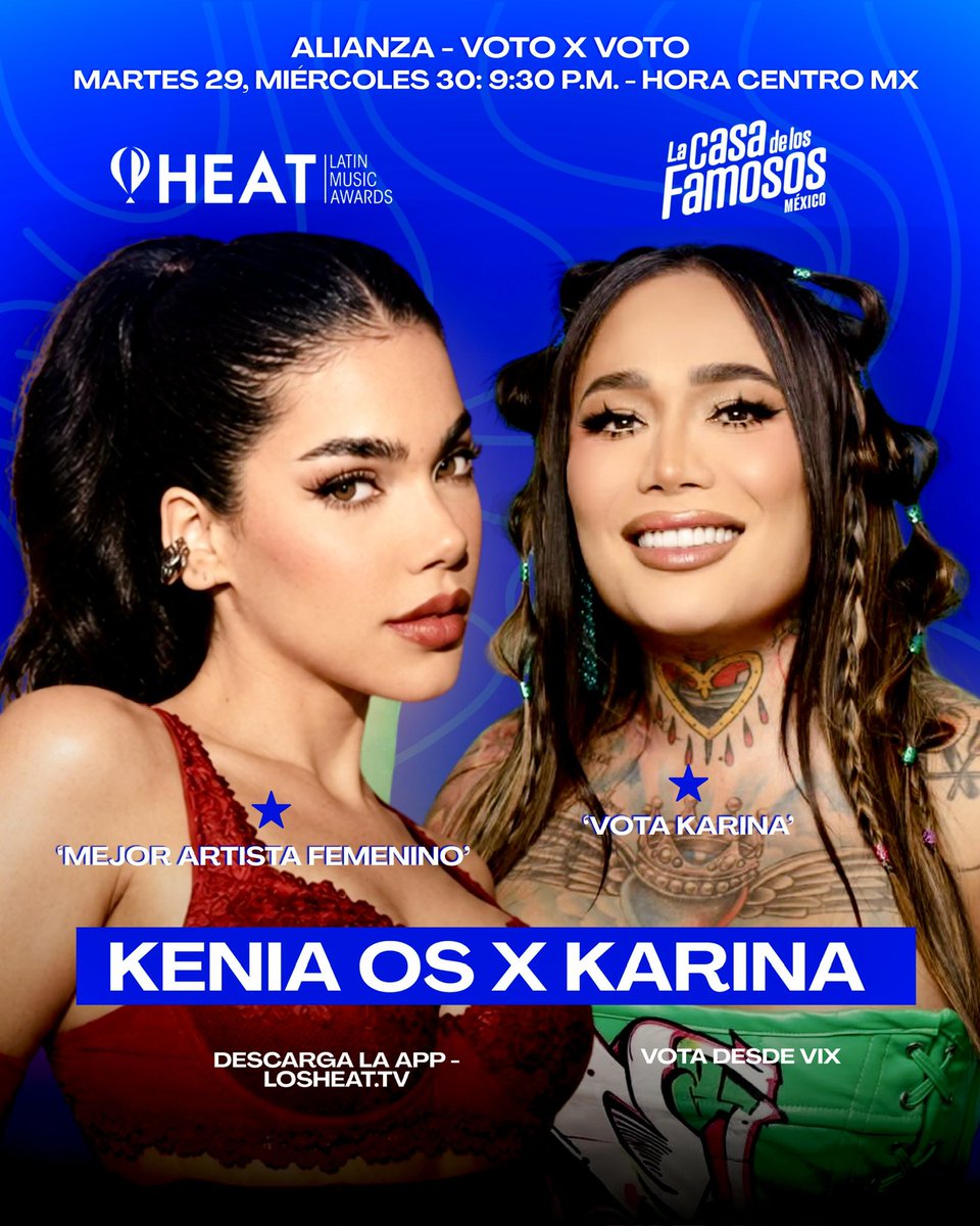 karivalaktorr's tweet photo. 🚨ALIANZA DE VOTOS K&K—🚨

—Hermanas tenemos alianza de votos con el fandom de (@KeninisMxOFC ) el cual nos estarán apoyando el día Martes y Miércoles para votar por @Soykaritorres ✨

—De igual manera, nosotros estaremos apoyando a Kenia Os en votaciones como “MEJOR ARTISTA FEMENINO” en los premios HEAT! 

#LaCasaDeLosFamososMx
#TeamKarinaTorres