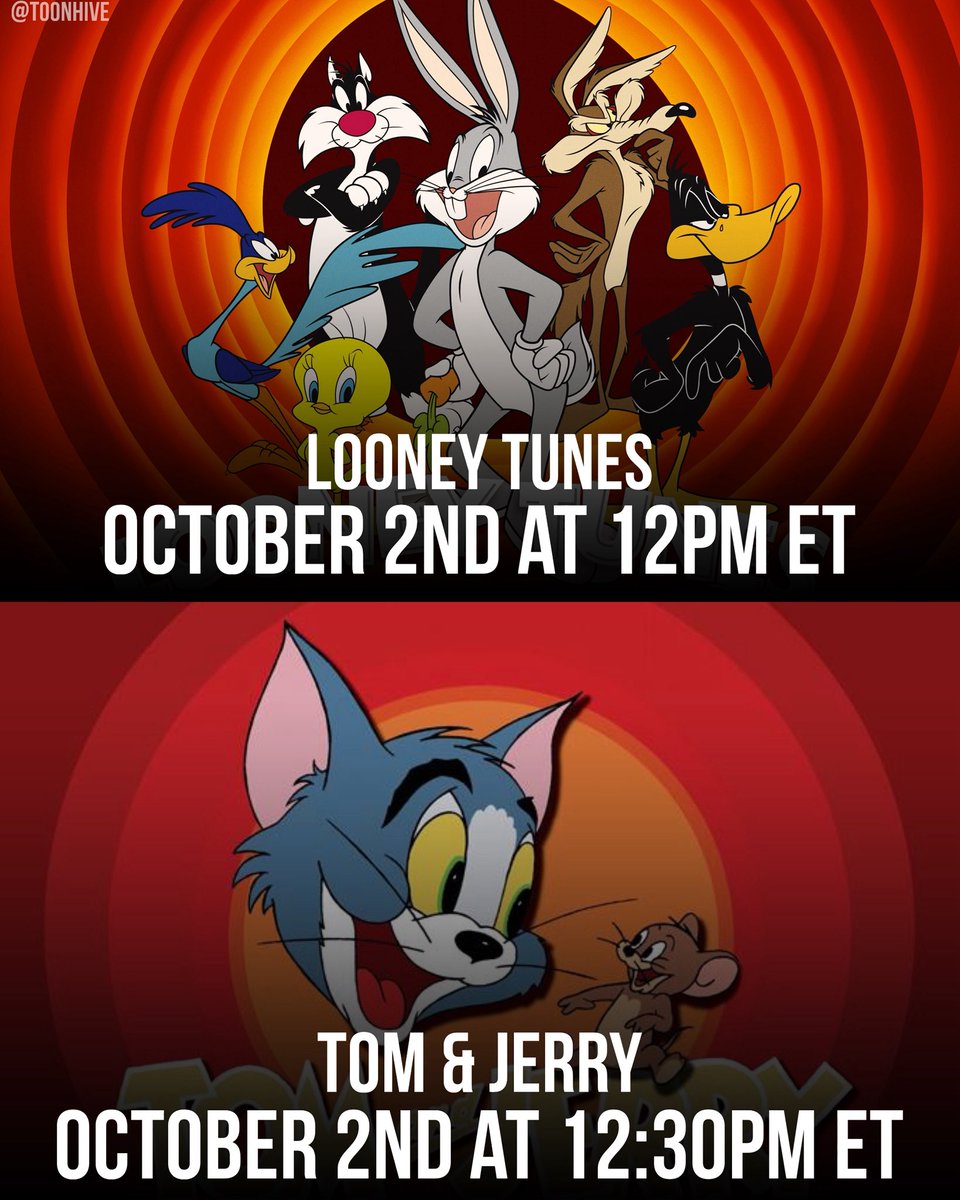 ToonHive's tweet photo. Classic ‘Looney Tunes’ and ‘Tom and Jerry’ shorts are returning to the Cartoon Network schedule starting October 2nd, marking their first regular run on the channel since 2017.

They’ll air weekdays at 12:00 PM and 12:30 PM, respectively.

[source: @CNschedules] https://t.co/lxVcSpKo48