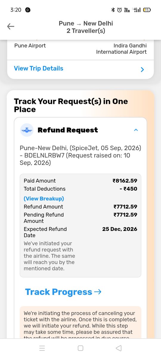eemas85's tweet photo. @GoibiboSupport I booked a flight from PNQ to DEL thro Goibibo for 5/9/26, was delayed by 5hrs, Initiated cancellation &amp; refund same day thro Spicejet. Thn I initiated the process through mytrip section. 25/9/26 but still I did not get it. customer care number useles, mails r qued. https://t.co/cPnc3hGyA9