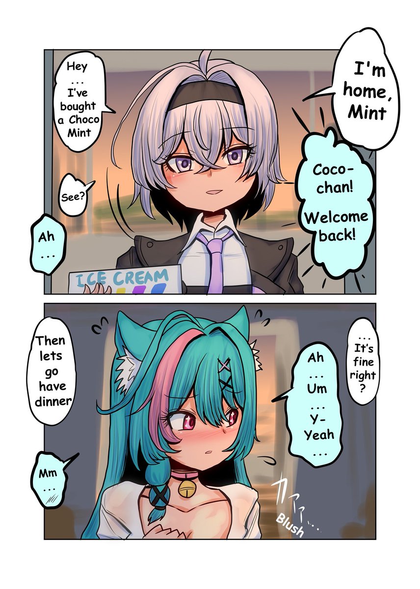 Mordfelt's tweet photo. @Shinkaisoku_JP Chocomint, so good

[EN Translations]
Chocomint

NTE Manga#9

Headcanon of Appraiser and Mint that buying Chocomint Ice Cream on the way home has become that kind of signal https://t.co/YRbmiDrs0R