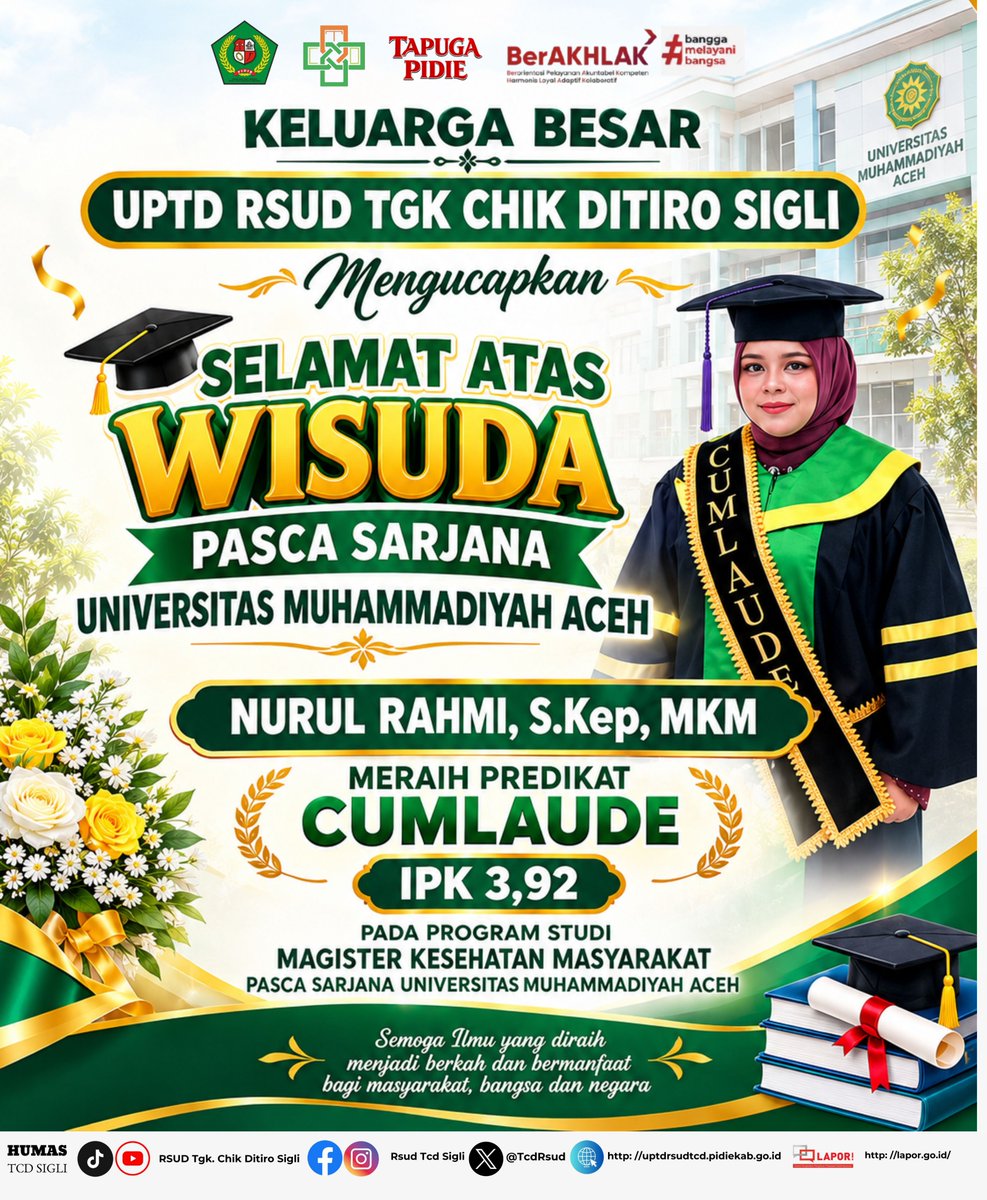 TcdRsud's tweet photo. KELUARGA BESAR
UPTD RSUD TGK CHIK DITIRO SIGLI
MENGUCAPKAN
SELAMAT &amp; SUKSES KEPADA IBU NURUL RAHMI, S.Kep, MKM. ATAS WISUDA
PASCA SARJANA
UNIVERSITAS MUHAMMADIYAH ACEH https://t.co/dpoCKfpCls