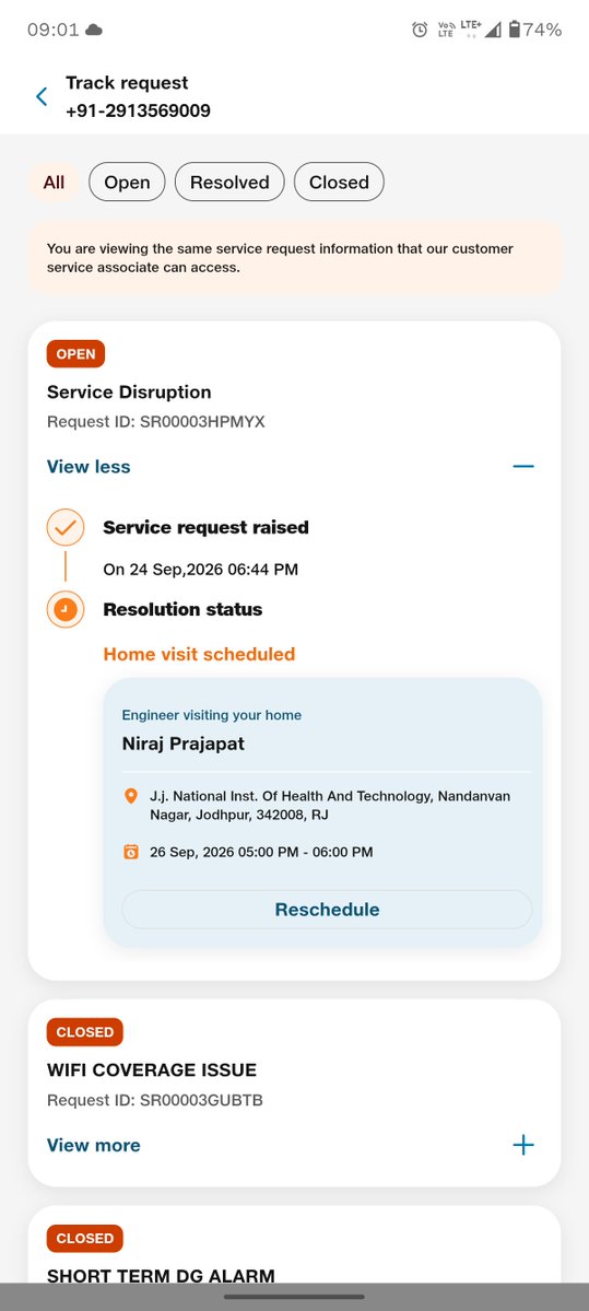 mukeshgaur_1980's tweet photo. Still no solution.... Complaint on sep 24 and still showing may visit on sep 26. @JioCare @reliancejio
#WorstCustomerService #PatheticService #DisgustingService #NoCustomerCare #ServiceDisaster #IgnoredBySupport #FrustratedCustomer #NotRecommended
#CustomerIgnored #PoorSupport https://t.co/Yd1qxbOxDj