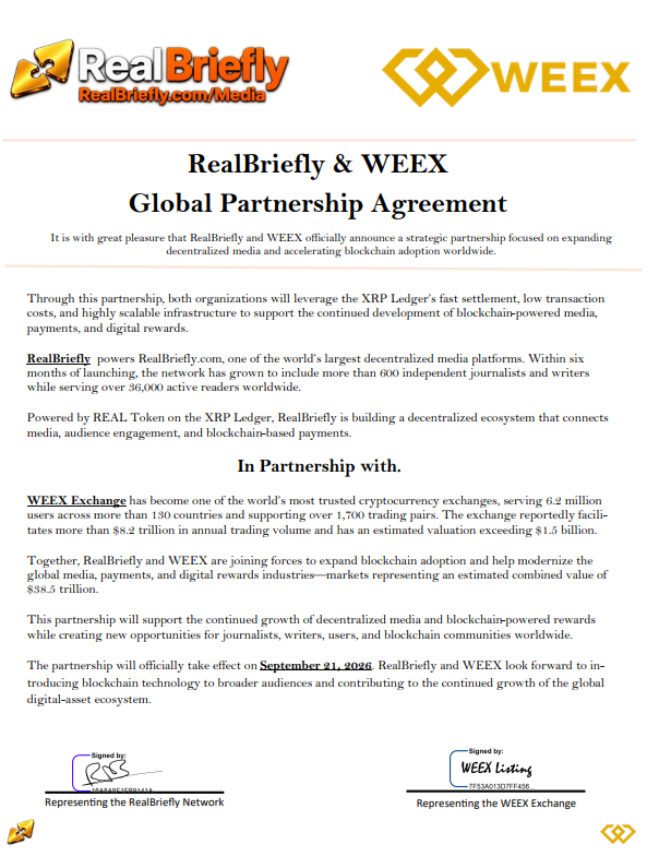 RealFiTeam's tweet photo. It is with pride that we announce our Strategic Partnership with WEEX Exchange. 🤝 https://t.co/q6H8IN9NHJ
