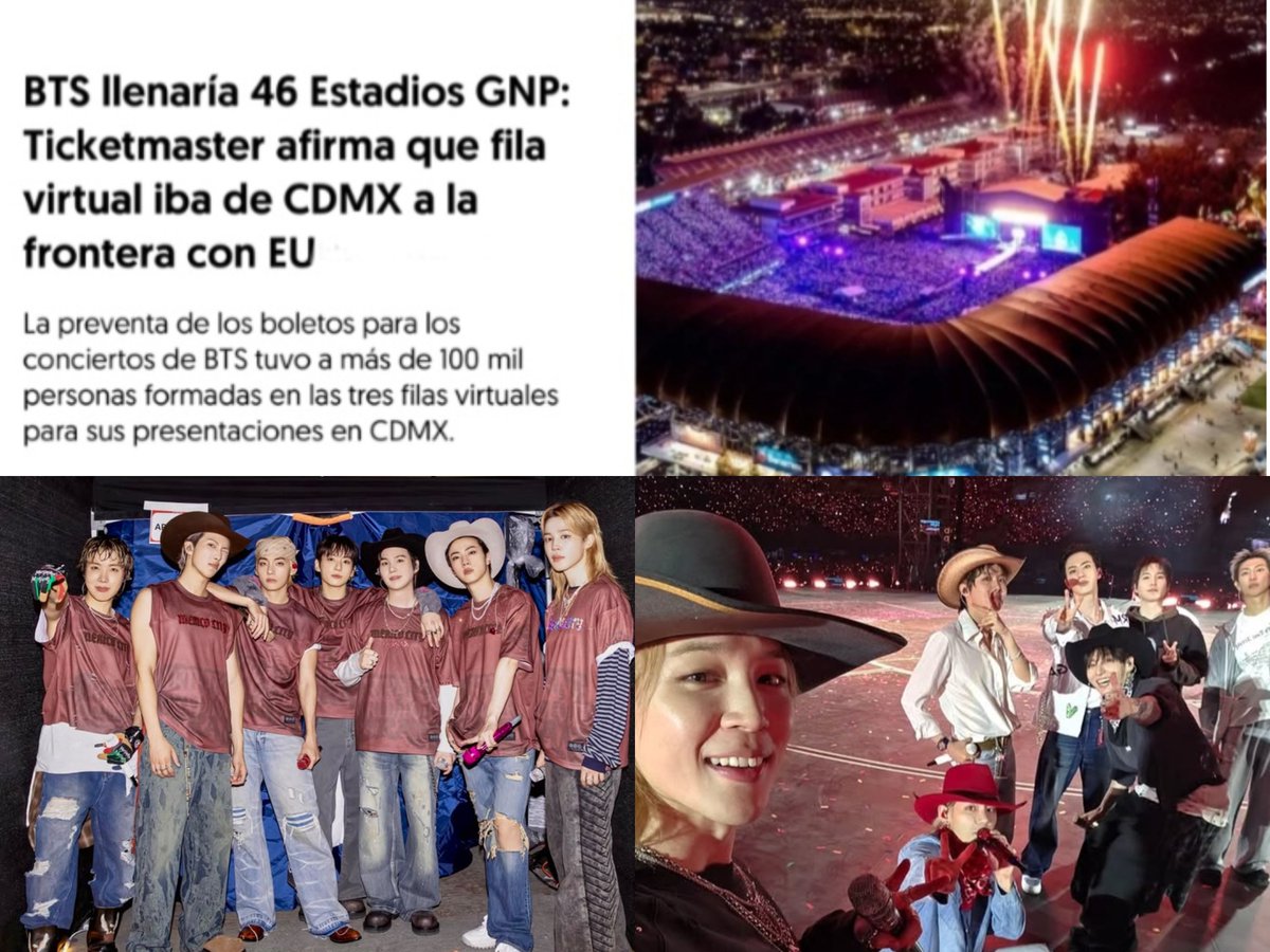 Mikro_Mexico's tweet photo. [NEW] 📊 ¡#BTS ROMPE RÉCORDS EN MÉXICO! 🇲🇽💜

Ticketmaster confirmó un tráfico histórico de más de 2.1 millones de personas buscando boletos para el BTS WORLD TOUR 'ARIRANG' en México 

Ticketmaster dice que si fuera taquilla presencial, la fila iría de CDMX a la frontera con EE. UU.  

LA DEMANDA POR BTS EN MÉXICO ALCANZÓ CIFRAS EXTRAORDINARIAS

Dice que para poder complacer la demanda en México se necesitaría en el
🏟️ Estadio GNP Seguros 46 fechas seguidas. 

Con esta cifra hicimos unos cálculos y BTS necesitaría en el 🏟️ Estadio AZTECA entre 22 y 25 fechas completas.

¡Una demanda jamás antes vista en el país! 🔥✨