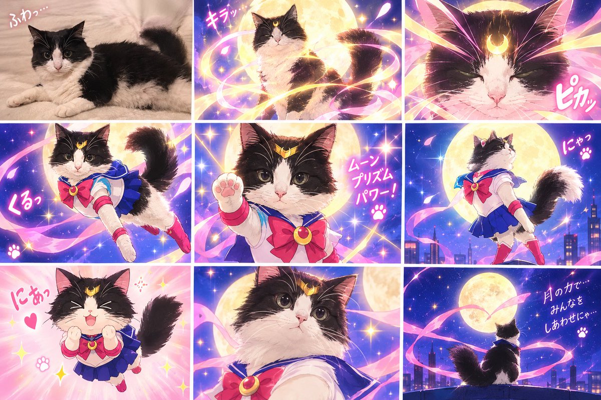 nyanyaton's tweet photo. うちのラファエル先生（チャッピー）に流行りの動画作ってってお願いしたら、動画は作れないけどこんなのどう？って作ってくれた漫画が可愛すぎるの https://t.co/ESrO3ES4ff