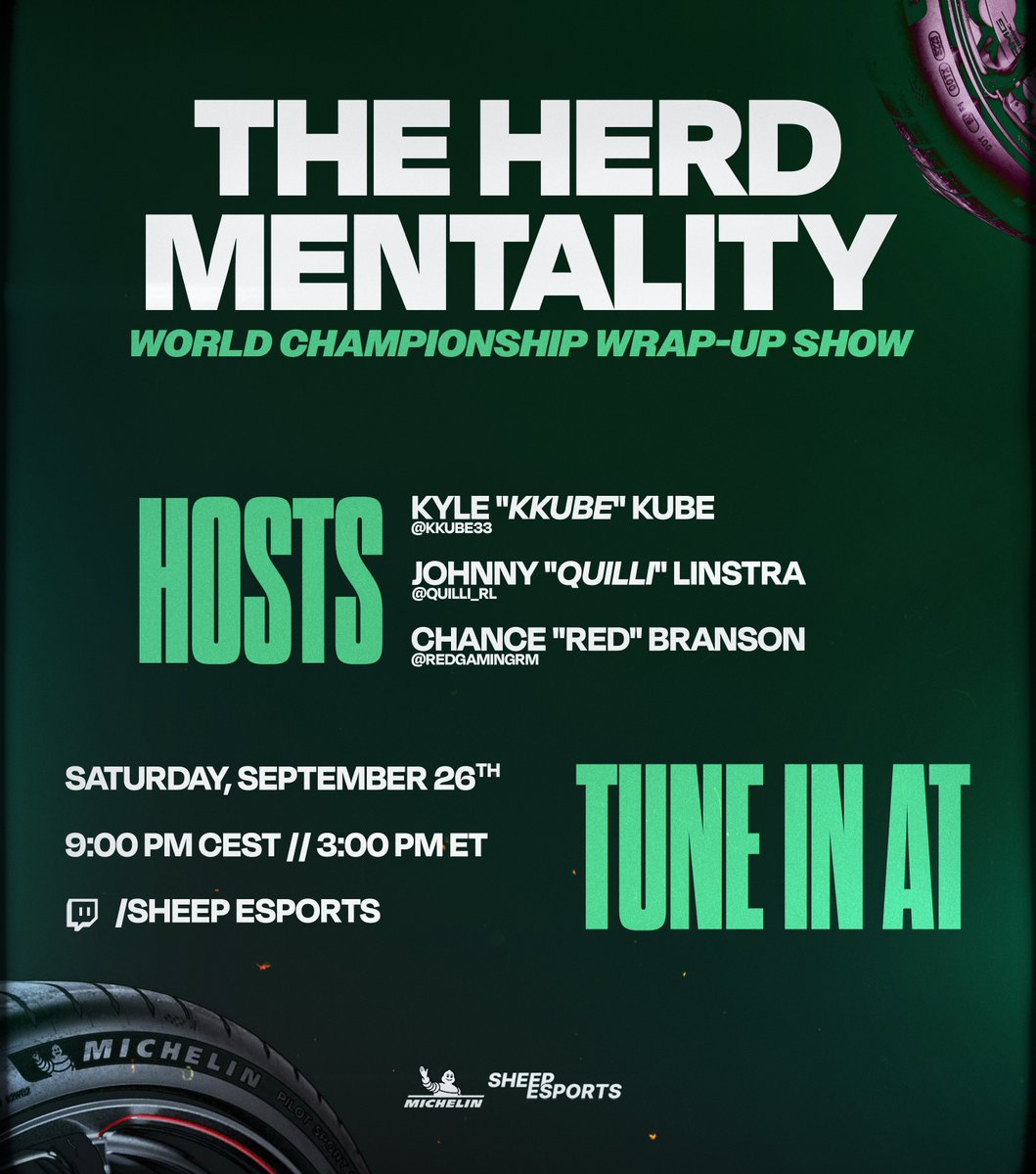 SheepRLE's tweet photo. With Worlds done and the offseason upon us, it's time for another episode of The Herd Mentality!

Join @Kkube33, @Quilli_RL, and @REDGamingRM as they discuss Worlds and breakdown how rostermania has been going up to this point!

They'll be live on the Sheep Esports Twitch channel at 9:00 PM CEST, 3:00 PM Eastern.

#RLCS | @Michelin