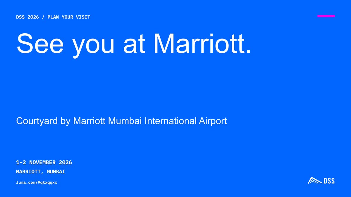 summit_defi's tweet photo. DSS 2026 meets in Mumbai on 1–2 November, 10am–6pm IST each day.

Venue: Courtyard by Marriott Mumbai International Airport.

DSS at Devcon follows on 3 November as a CLS; admission is separate.

Tickets: https://t.co/RTbPxGH7zF https://t.co/R8YhhmG5hS