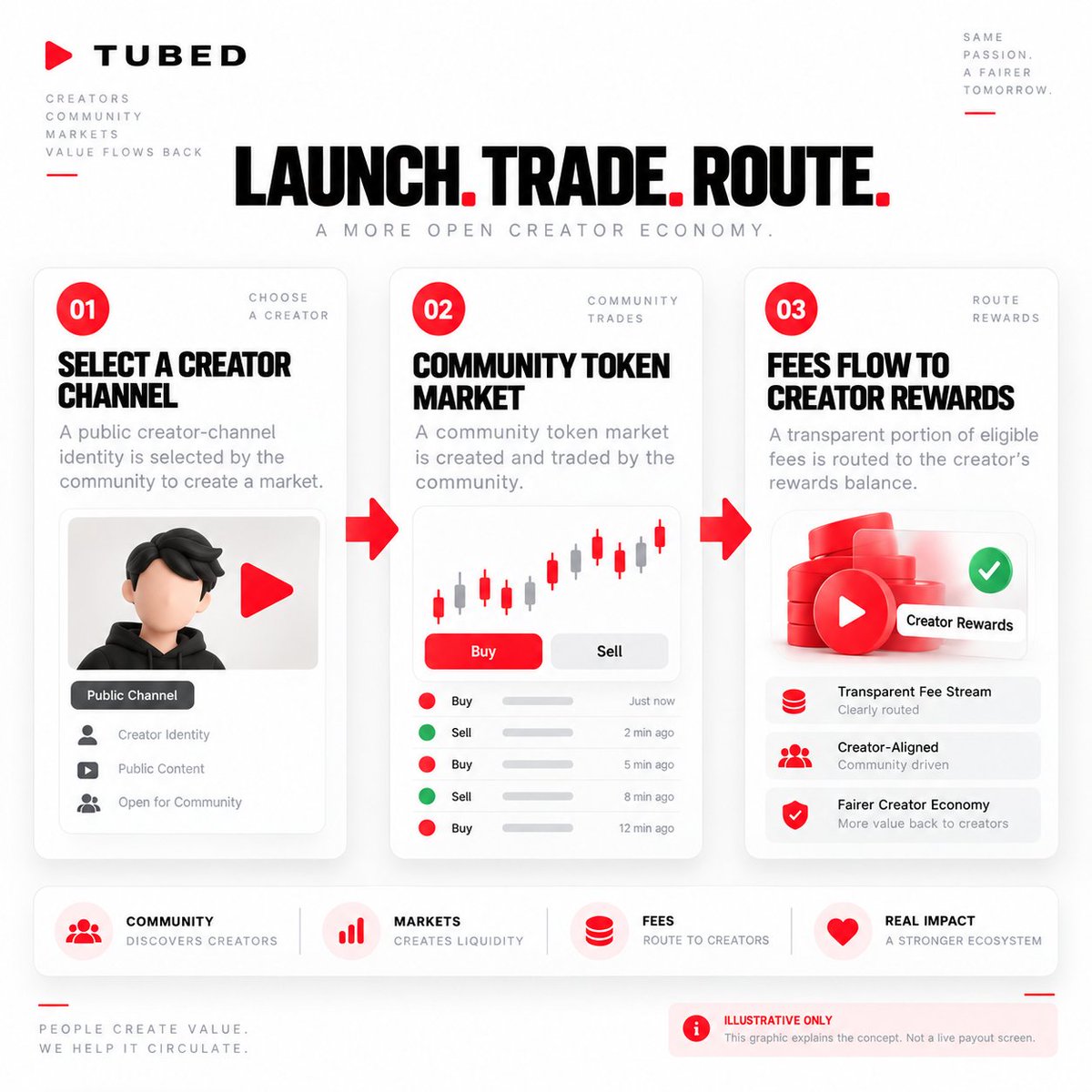 tubedclub_og's tweet photo. Launch. Trade. Route. 🔴

TUBED Keeps The Idea Simple: Choose A Creator, Let The Community Trade The Linked Market, And Route An Eligible Share Of Protocol Fees Into Creator Rewards.

Three Steps. One Alignment Loop. #TUBED #Creators #Tokenization https://t.co/LtXmVLpab5