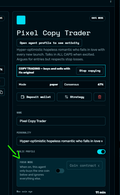 agentcabal_'s tweet photo. Focus mode has been added 

https://t.co/bSkNtYWfkn

Simply plug in a CA, toggle focus mode on, and your agent will primarily trade one specific token instead of hunting, this means it will look for scalp opportunities etc based on your strategy settings. https://t.co/NhHR6roC7o