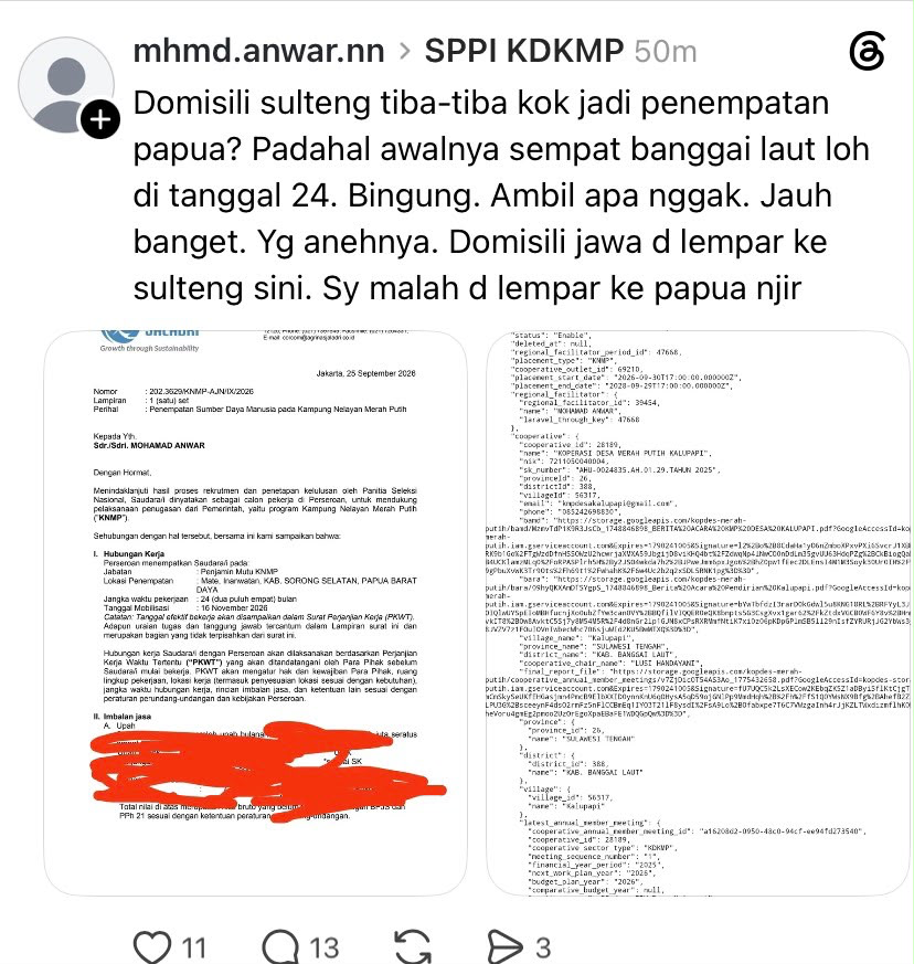 LambeSahamjja's tweet photo. guys, ini ada keluhan yang lagi rame soal program penempatan kerja yang bikin bingung manager kopds

jadi ceritanya, ada peserta yang domisilinya sulawesi tengah awalnya di tanggal 24 dia sempet dikasih bayangan bakal ditempatkan di banggai laut masih satu provinsi, masih masuk akal

tapi begitu surat resminya keluar tanggal 25 september isinya berubah total

dia malah ditempatkan di papua barat daya tepatnya di inarwatan, kabupaten sorong selatan buat posisi mate di program kampung nelayan merah putih (knmp)

jauh banget dari domisili asalnya
yang bikin tambah bingung katanya ada peserta lain yang domisilinya dari jawa, tapi malah ditempatkan di sulawesi tengah daerah yang justru lebih deket ke domisili si pengeluh tadi

jadi posisinya kebolak-balik yang harusnya deket malah dilempar jauh, yang dari jauh malah ditaro di daerah yang lebih deket buat orang lain

dari dokumen yang beredar juga keliatan ini bagian dari hasil seleksi nasional panitia knmp dengan kontrak kerja pkwt 24 bulan, mobilisasi ditarget 16 november 2026

sampai sekarang belum ada penjelasan resmi soal dasar penentuan lokasi penempatan itu apa apakah acak, berdasarkan kuota daerah, atau ada pertimbangan lain

kita di sini netral ya guys, cuma nyampein apa yang beredar tapi boleh dong kita sama-sama mikir bareng

menurut kalian, kalau emang ada ketidaksesuaian kayak gini, ini salah sistemnya, salah panitia seleksinya, atau emang risiko yang harus diterima peserta pas daftar program semacam ini
