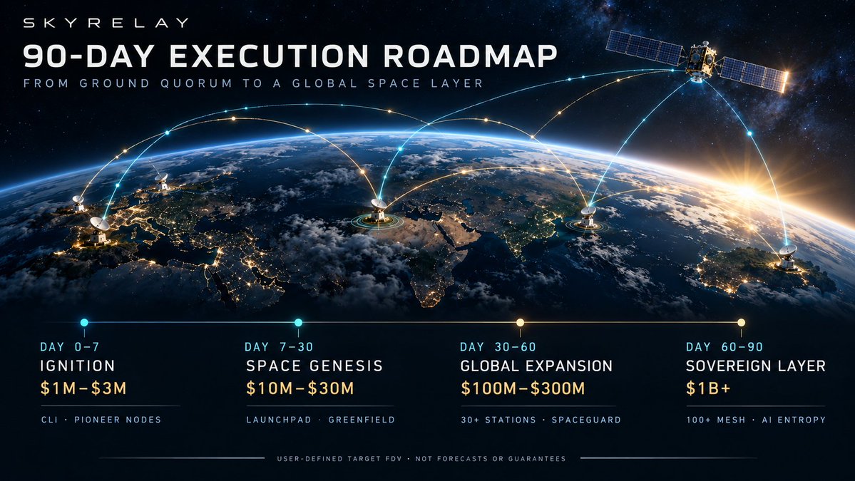 SkyRelayBSC's tweet photo. SkyRelay 90-Day Master Execution Roadmap: From In-Orbit Consensus to a $1B+ Sovereign Space Layer

Speed is the ultimate moat. With the SkyRelay CLI (skyrelay-cli) open-sourced and 3/3 BFT ground quorum live on BSC Mainnet, here is our 4-phase, 90-day hyper-drive execution plan and valuation trajectory:

Phase 0: Immediate Ignition (Next 7 Days)
1. Terminal Verification Spread: Driving skyrelay-cli adoption so every developer can verify 3/3 European Starlink quorum directly in their shell in milliseconds.
2. Pioneer Node Network & Economic Flywheel: Establishing $SKYRELAY as the mandatory staking and verification utility for ground stations and Space Genesis mints, initiating global Starlink Pioneer Node onboarding to unite hard-core DePIN conviction.
3. Continuous In-Orbit Telemetry: Expanding mainnet beacon records 24/7 with zero interruption.
- Target Valuation: $1M - $3M FDV (Rapidly breaking out of the micro-cap range, establishing base market consensus)

Phase 1: Launchpad Breakthrough (Next 7 - 30 Days)
1. Dual-Track Space Genesis: Actively integrating SkyRelaySpaceGenesis with https://t.co/d8CUf5qSuo and https://t.co/vDry3sJ69G, while concurrently deploying SkyRelay native Space Genesis Launchpad—requiring every token to hold physical satellite proof-of-birth to eliminate cloud bot spam.
2. BNB Greenfield Pipeline: Persisting Starlink TLE ephemeris and ground station Doppler logs onto BNB Greenfield mainnet, completing the One BNB DePIN loop.
3. BEP Proposal Submission: Submitting the Space Physical Provenance standard draft to bnb-chain/BEPs for core developer review.
4. BYOD Node Staking Alpha: Opening registration for the first 10 external ground stations to stake $SKYRELAY.
- Target Valuation: $10M - $30M FDV (Pricing in BSC single-source DePIN physical scarcity)

Phase 2: Ecosystem Monopoly (Next 30 - 60 Days)
1. Global Dish Staking Expansion: Enabling Starlink dish owners worldwide to stake $SKYRELAY and stream verified orbital telemetry across 30+ multi-timezone stations.
2. SpaceGuard Physical Anti-MEV: Deploying vacuum-speed orbital microwave ordering to shield BSC DEXs from sandwich attacks.
3. BNB Chain MVB & Official Grant: Accelerating through official incubator and ecosystem grant tracks for top-tier exposure and liquidity.
- Target Valuation: $100M - $300M FDV (Benchmarked against Tellor, Grass, Hivemapper)

Phase 3: Peak Transition (Next 60 - 90 Days This Cycle)
1. 100+ Global In-Orbit Mesh: Delivering 24/7 continuous low-Earth-orbit coverage as the definitive off-grid disaster-recovery layer for BNB Chain.
2. Cosmic Entropy for AI Agents: Becoming the primary physical entropy and spatio-temporal timestamping provider for autonomous on-chain agents.
3. Top-Tier Ecosystem Dominance: Transitioning into the primary physical security bedrock for the Binance ecosystem, unlocking top-tier listing and public-chain security premiums.
- Target Valuation: $1B+ FDV (Benchmarked against Worldcoin, Pyth, Render)

The code is live. The signals are streaming. The 90-day sprint begins now.

Repository: https://t.co/Jj5ybqKkzk
Console: https://t.co/nIcGOSxAhD
Token ($SKYRELAY): 0x1cde8ED6aa84468BfbEd56dEacC264C7C1bB7777
