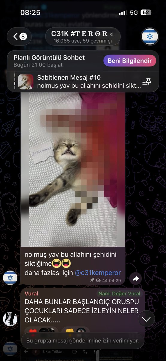 selimcan06s's tweet photo. Yine aynı grup, yine aynı olay...
X
Manisa'da yaşanan vahşeti gruplarında paylaşan ve bundan prim yapan bu çetenin mesajlarına bakar mısınız Allah aşkına!
Bu çete hakkında geç kalınmadan bir şeylerin
yapılması şart! Açık açık başka okullara da saldırı yapacaklarını söylüyorlar.. https://t.co/PGEtnrT21Z