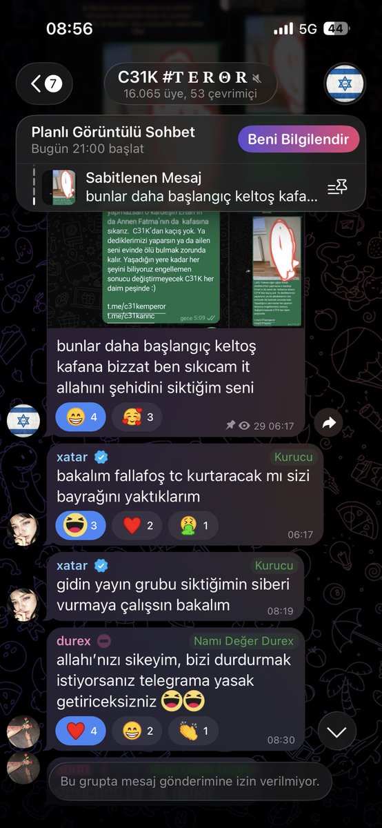 selimcan06s's tweet photo. Yine aynı grup, yine aynı olay...
X
Manisa'da yaşanan vahşeti gruplarında paylaşan ve bundan prim yapan bu çetenin mesajlarına bakar mısınız Allah aşkına!
Bu çete hakkında geç kalınmadan bir şeylerin
yapılması şart! Açık açık başka okullara da saldırı yapacaklarını söylüyorlar.. https://t.co/PGEtnrT21Z