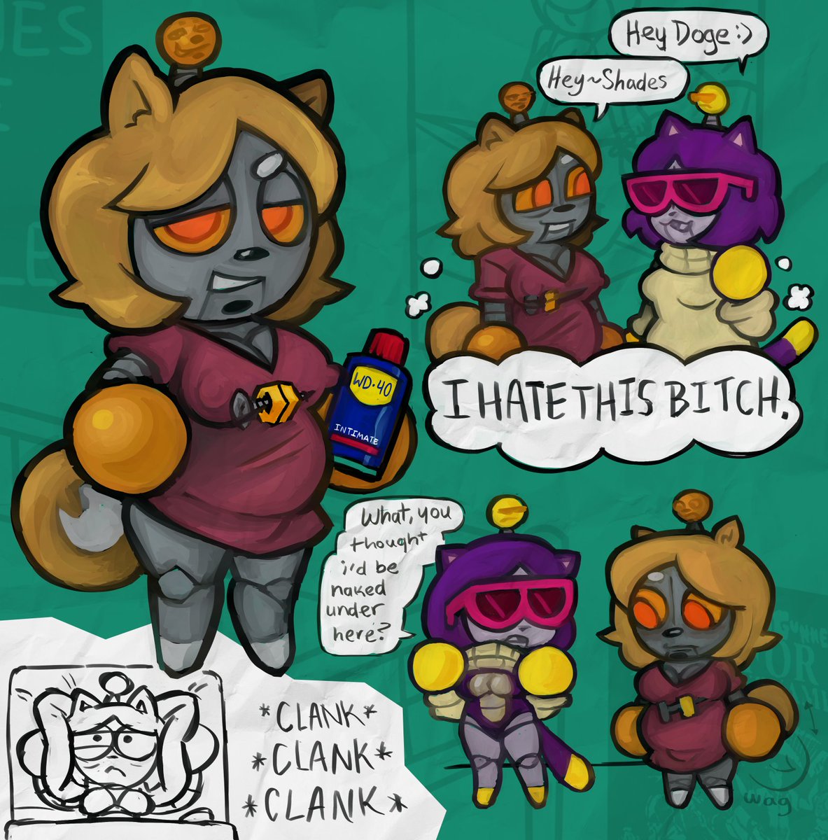 nowaffleshere's tweet photo. Oh my God, they were Roomates.... I love Doge x Shades so much if I didn't wanna Cuff that Cat it'd be my primary ship for the Jazz Cats. Enjoy their Toxic Yuri for Now.  Hope Y'all like Fat Robotic Dog Girls.
One like on this post and I draw Olive Explainer. https://t.co/zQOc6bqdqK