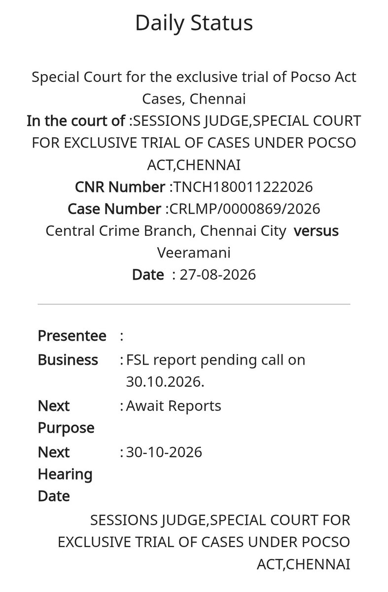 ImPrinze's tweet photo. முட்டு கொடுக்கனும்னு முடிவு எடுத்த பின்ன எதுக்கு Court details எல்லாம்

19.06.2026 அன்றே Closure report not accepted சொல்லி நீதிமன்றம் விசாரணைக்கு உத்தரவு போட்டாச்சு. அடுத்த நாளே எல்லாம் கைது பண்ணல

20.07.2026 & 03.08.2026 எல்லாம் நீதிமன்றம் போய் விசாரணை நடத்தி வருகிறோம் என்று சொல்லி இருக்கிறார்கள்

27.08.2026 கூட விசாரித்து வருகிறோம் என்று தான் சொன்னாங்க. ஆனா நீதிமன்றம் Forensic Science Laboratory (FSL) Report கொண்டு வர சொன்ன பின் வேறு வழியின்றி தான் அடுத்த சில தினங்களில் கைது செய்துள்ளது

இந்த நடவடிக்கைக்கு முழு காரணம் நீதிபதி அவர்களே.!
@SubathraDevi_ @TheBluePen25