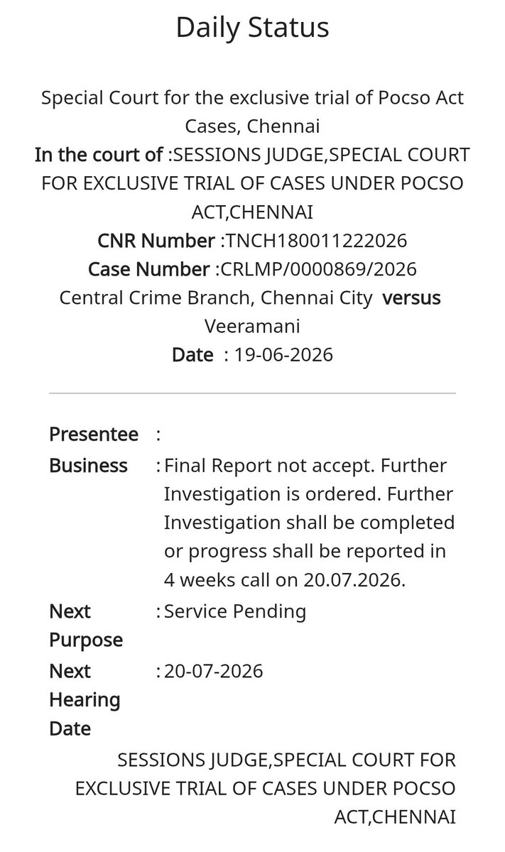 ImPrinze's tweet photo. முட்டு கொடுக்கனும்னு முடிவு எடுத்த பின்ன எதுக்கு Court details எல்லாம்

19.06.2026 அன்றே Closure report not accepted சொல்லி நீதிமன்றம் விசாரணைக்கு உத்தரவு போட்டாச்சு. அடுத்த நாளே எல்லாம் கைது பண்ணல

20.07.2026 & 03.08.2026 எல்லாம் நீதிமன்றம் போய் விசாரணை நடத்தி வருகிறோம் என்று சொல்லி இருக்கிறார்கள்

27.08.2026 கூட விசாரித்து வருகிறோம் என்று தான் சொன்னாங்க. ஆனா நீதிமன்றம் Forensic Science Laboratory (FSL) Report கொண்டு வர சொன்ன பின் வேறு வழியின்றி தான் அடுத்த சில தினங்களில் கைது செய்துள்ளது

இந்த நடவடிக்கைக்கு முழு காரணம் நீதிபதி அவர்களே.!
@SubathraDevi_ @TheBluePen25
