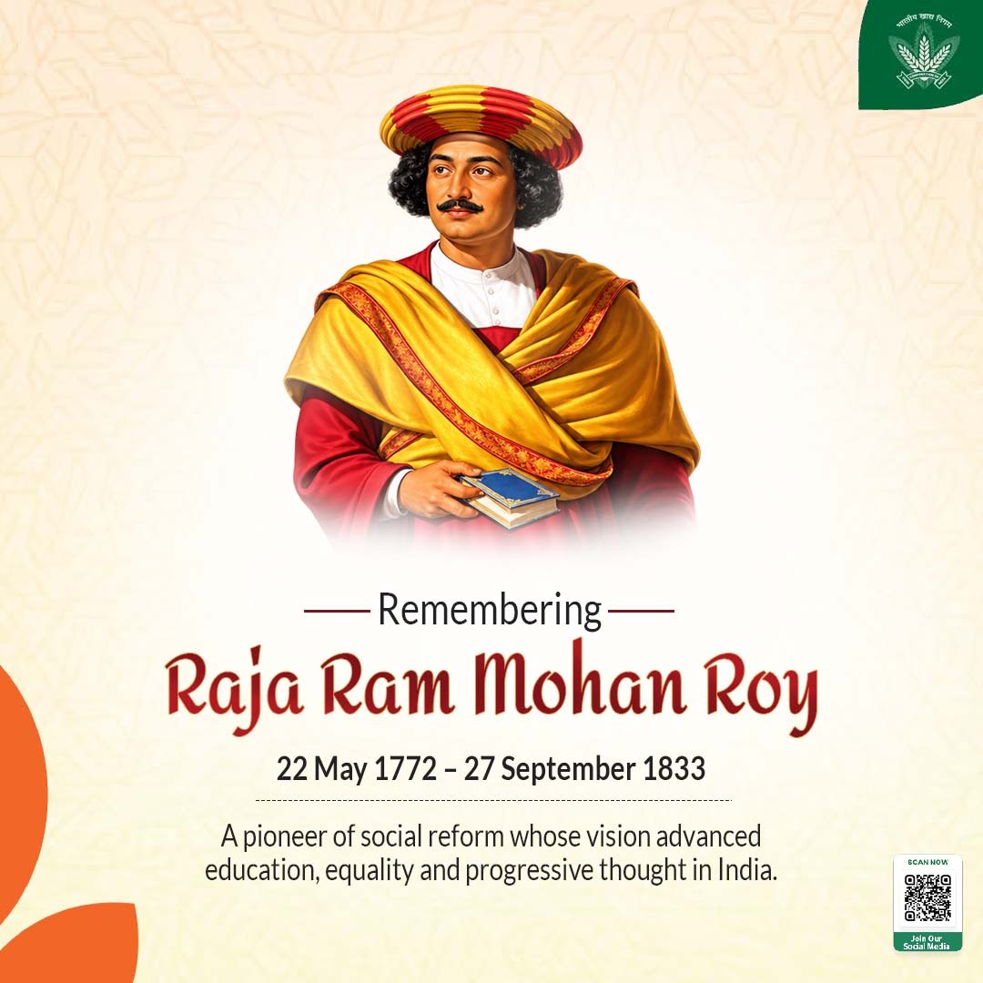FCI_India's tweet photo. On the death anniversary of Raja Ram Mohan Roy, FCI pays homage to the 'Father of the Indian Renaissance.' 
His relentless pursuit of social reform, women's empowerment, and modern education laid the foundation for an egalitarian society. 
His progressive vision continues to inspire our commitment to serving the nation.

@mygovindia @fooddeptgoi @PIB_India @JoshiPralhad @Nimu_Bambhaniya @blvermaup 
#FCI #RajaRamMohanRoy #SocialReform #Tribute #IndianHistory