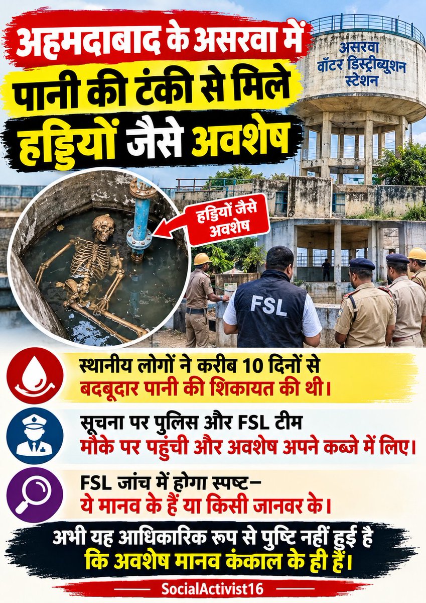 PoliticalT8873's tweet photo. अहमदाबाद के असरवा में पानी की टंकी से हड्डियों जैसे अवशेष मिलने का मामला सामने आया है। स्थानीय लोगों ने करीब 10 दिनों से बदबूदार पानी की शिकायत की थी। सूचना मिलने पर पुलिस और FSL टीम मौके पर पहुंची और अवशेष जांच के लिए कब्जे में लिए।

फिलहाल यह आधिकारिक रूप से पुष्टि नहीं हुई है https://t.co/moBhZn6VUH