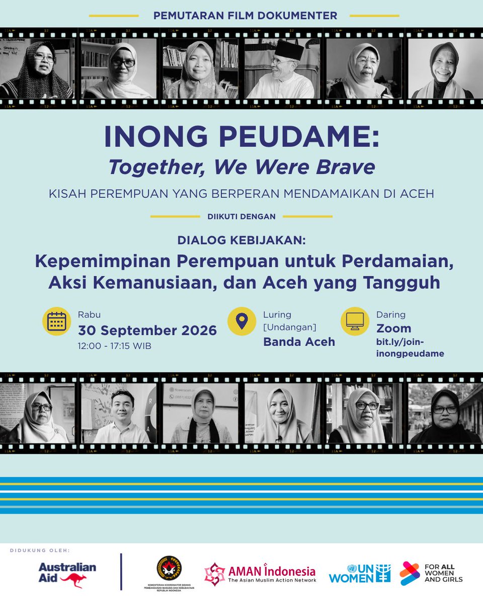 unwomenid's tweet photo. Saksikan keberanian perempuan Aceh dalam merajut damai di Pemutaran Film Dokumenter “Inong Peudame: Together, We Were Brave” dan Dialog Kebijakan! 🎬✨

📆 Rabu, 30 September 2026
⏰ 12.00–17.15 WIB
🔗https://t.co/LvmdD9KNOt

#InongPeudame #BersamaKitaBerani #ForAllWomenAndGirls https://t.co/514poRJEdS