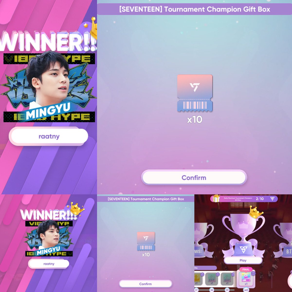 dwirtnoaa's tweet photo. Again and again today I played the rhythm hive tournament by winning 4 times in the TXT group and winning 2 times in the SEVENTEEN group, that also got gold and tickets again🎮🔥 https://t.co/IeyeX7DDVD