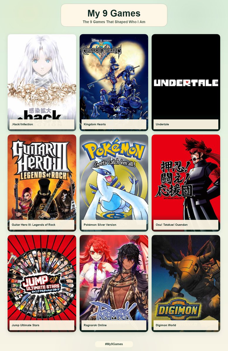 yourMoonstone's tweet photo. my 9 games that shaped me!

Honorable Mentions: We Love Katamari, WarioWare Mega Microgames, MegaMan Legends, and Counter-Strike Source

the rest are no contest. genuinely would not be who i am without a single one https://t.co/jot6Pnwq6e