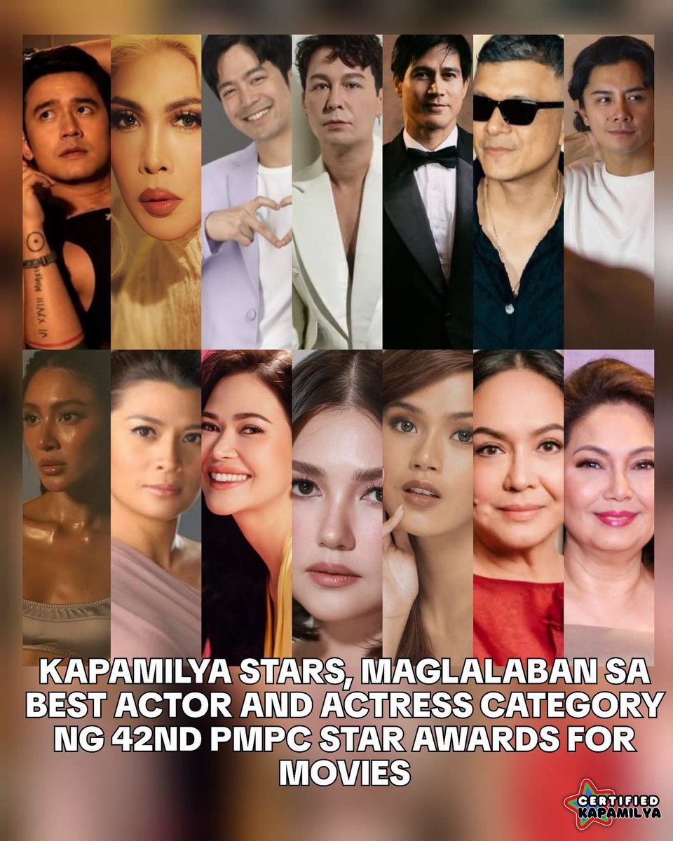 CertKap's tweet photo. Bigatin ang Best Actor & Actress category para sa 42nd PMPC Star Awards for Movies sa Oktubre 25. Kabilang dito ang mga Kapamilya stars na sina JM De Guzman, Vice Ganda, Joshua Garcia, Baron Geisler, Piolo Pascual, Jericho Rosales, Nadine Lustre, Bela Padilla, Angelica Panganiban, Maris Racal, Charo Santos at Ms. Maricel Soriano. Kasama din sina JC Santos at Ms. Mylene Dizon para sa nominasyong ito.
- Admin R

#42ndPMPCStarAwardsForMovies
#StarAwards2026