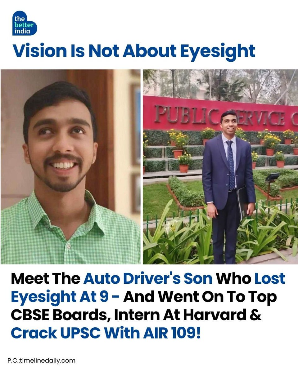 thebetterindia's tweet photo. From a small village in Kozhikode to securing UPSC CSE AIR 109, this is not just a success story, it’s a testament to the human spirit. 

Meet Ajay R Raj, the son of an autorickshaw driver who lost most of his eyesight as a child but refused to let that define his destiny. Despite partial visual impairment, Ajay didn’t just top the CBSE boards years ago; he went on to study in elite institutions, intern at a Harvard leadership conference, and crack the toughest exam in India on his fifth attempt.

 A teacher by heart, he taught English & cultural studies, played ukulele, loved swimming, and brought real heart to his UPSC interview. His message? “My constraint has nothing to do with what I have achieved now. It does not make it more glorious or less.” 

@ajayradharaj #VisionIsPurpose #UPSC109 #RiseAboveLimits

 [Inspiration, UPSC Success, UPSC 2025, Wednesday Motivation]