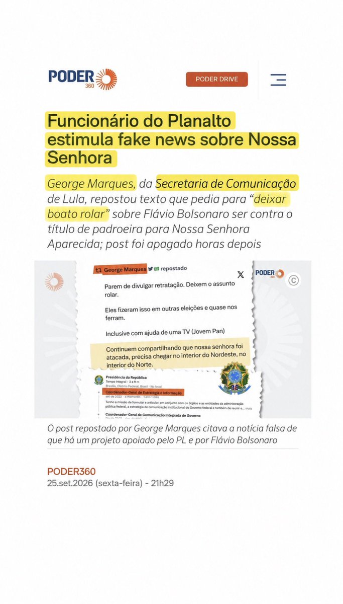 fenixb22's tweet photo. George Marques, coordenador de Estratégia e Informação da Secom de Lula, repostou uma publicação de Magdiel Alves que incentivava a circulação do boato sobre Nossa Senhora Aparecida: “Continuem compartilhando que nossa senhora foi atacada, precisa chegar no interior do Nordeste, no interior do Norte.”

O boato associa Flávio Bolsonaro a um projeto de 2007, apresentado pelo então deputado federal Professor Victório Galli (PMDB-MT), que propunha mudar a referência à padroeira do Brasil. Flávio não apresentou nem apoiou o projeto, que foi rejeitado em 2008.