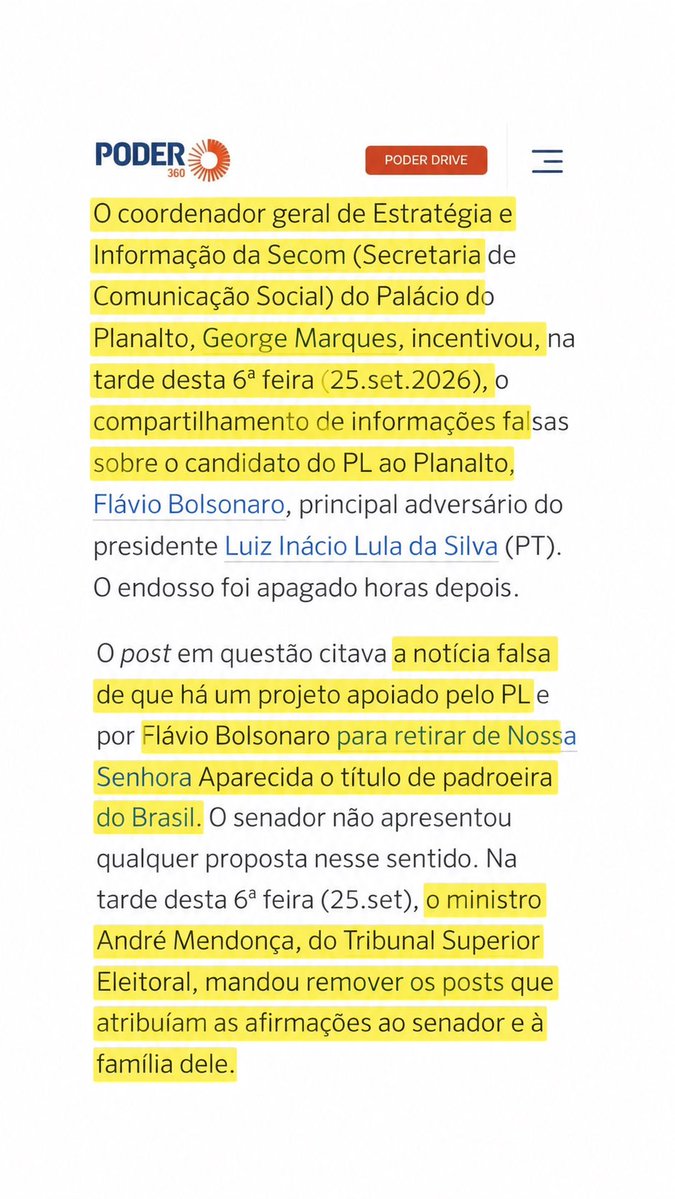 fenixb22's tweet photo. George Marques, coordenador de Estratégia e Informação da Secom de Lula, repostou uma publicação de Magdiel Alves que incentivava a circulação do boato sobre Nossa Senhora Aparecida: “Continuem compartilhando que nossa senhora foi atacada, precisa chegar no interior do Nordeste, no interior do Norte.”

O boato associa Flávio Bolsonaro a um projeto de 2007, apresentado pelo então deputado federal Professor Victório Galli (PMDB-MT), que propunha mudar a referência à padroeira do Brasil. Flávio não apresentou nem apoiou o projeto, que foi rejeitado em 2008.