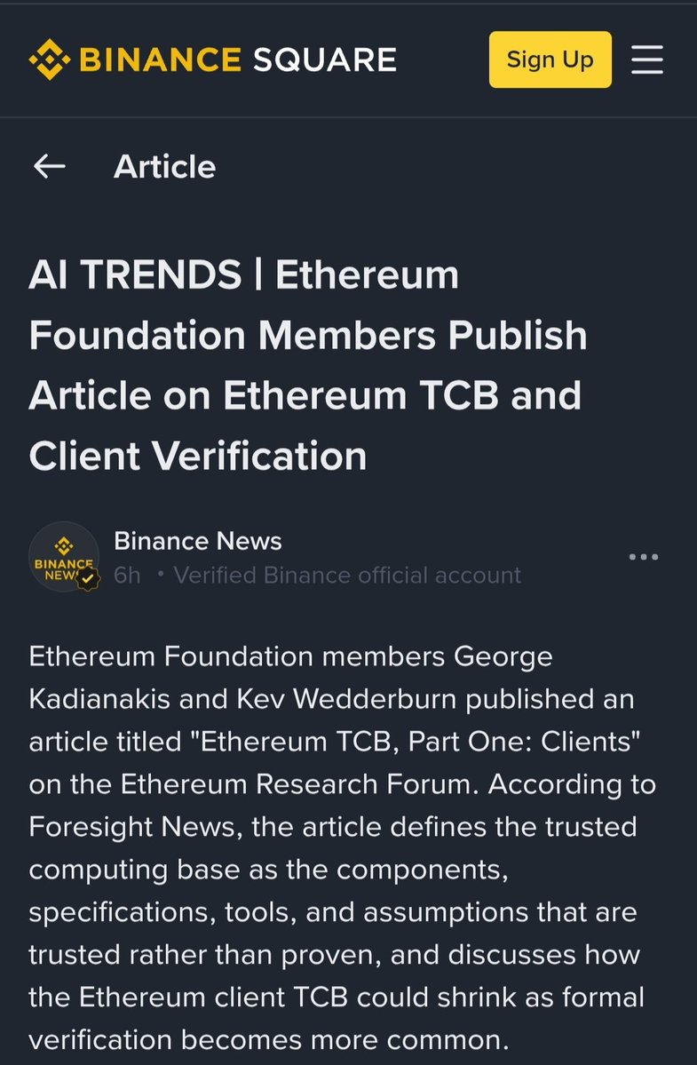 pardazeh68113's tweet photo. While exploring @nodiens Social Feed, I came across an Ethereum research piece that caught my attention:

“AI TRENDS | Ethereum Foundation Members Publish Article on Ethereum TCB and Client Verification”

join Nodiens:
https://t.co/Y2Ak2ZlYGe

The article looks at how Ethereum clients could reduce their Trusted Computing Base (TCB) , the parts, tools, specifications and assumptions we trust instead of formally proving them.

One idea I found especially interesting is separating “pure” modules, like cryptography and SSZ, from more complex “dirty” modules with side effects, like networking.

To me, this is a practical way to approach verification. Not every part of a client is equally complex, so starting with the parts that are easier to prove could make it easier to build stronger guarantees over time.

I also found the difference between proving a specification and proving that the actual implementation follows that specification very interesting. It shows that formal verification is not just about writing a specification , there is still a real engineering challenge between the specification and the software running in production.

The different approaches discussed in the article, from Lean4 to RISC-V and verified compilers, also made me think about how much Ethereum clients can still improve.

What I take from this is that better security may not always mean adding more layers. It can also mean reducing the amount of software we need to trust in the first place.

That direction is exciting to me: more verification, fewer assumptions, and a clearer line between what we trust and what we can actually prove.

This is the kind of discovery I enjoy finding through Nodiens Social Feed , something that starts with a piece of news and turns into a better understanding of where the technology is heading.