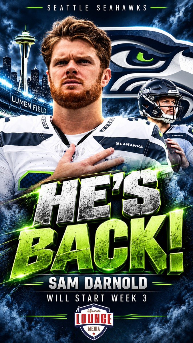 SportsLoungeEnt's tweet photo. 🚨 HE’S BACK! Sam Darnold returns as Seahawks QB1 and will start Week 3! 🏈🔥 #SamDarnold #SeattleSeahawks #Seattle #12thMan #SportsLoungeMedia https://t.co/7h9IEeq0mI