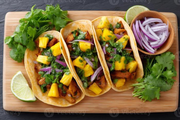 LilyDiersec0's tweet photo. Freshly grilled Mexican al pastor tacos with pineapple u0026 cilantro—tangy, sweet, and perfect for a sunny snack! （翻译： 刚烤好的墨西哥阿尔 Pastor 猪肉塔可，搭配菠萝和香菜——酸甜口味，是晴天小食的绝佳选择！） https://t.co/toYOG66P9w