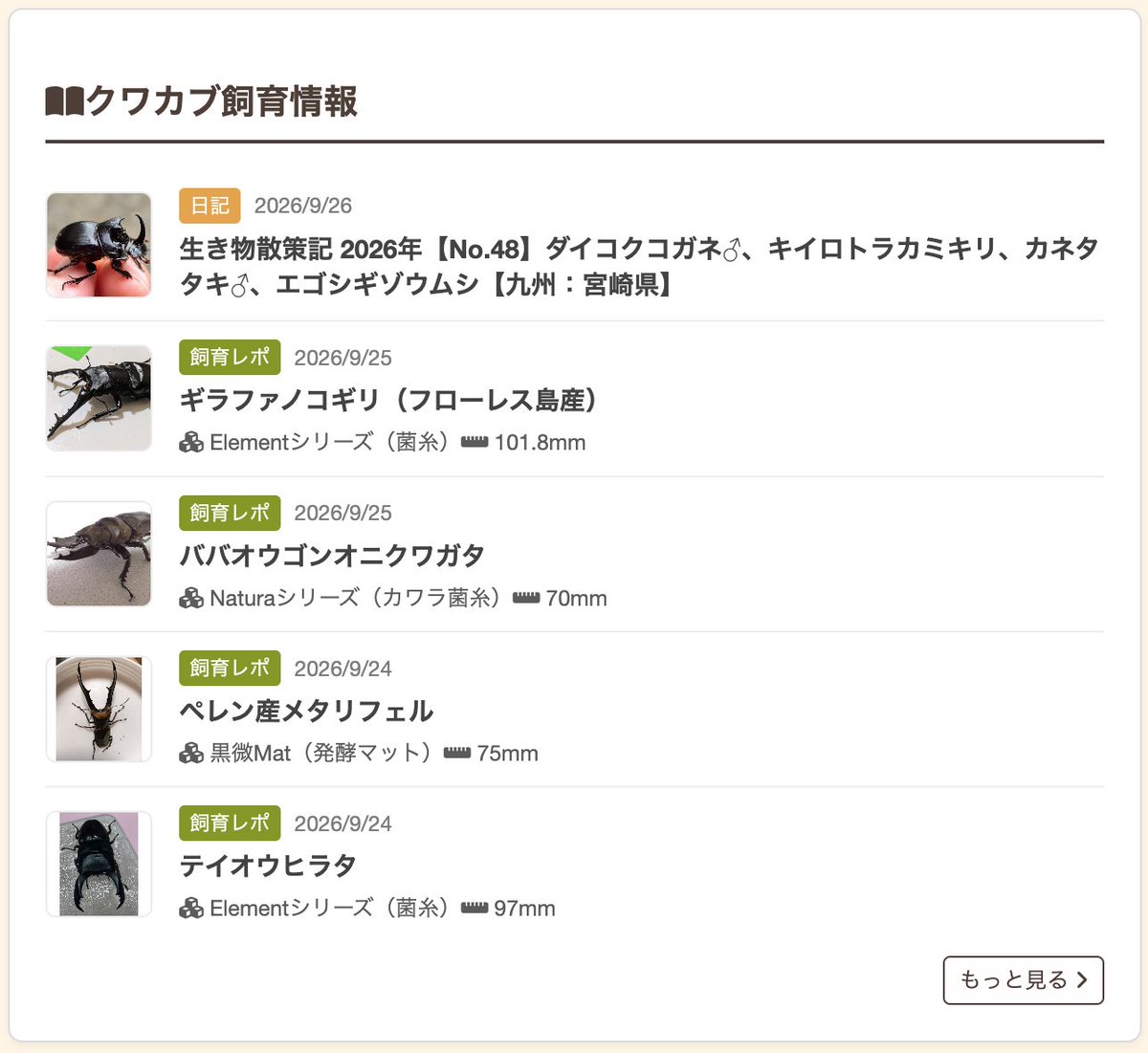 TsukiyonoKuwa's tweet photo. お客様からいただいた飼育データを少しずつ更新しております♪

いつもご投稿ありがとうございます！
新作の産卵Matと黒微Matのデータがまだ少ないので、データいただけると超嬉しいですっ…✨
引き続きよろしくお願いいたします😆！
（投稿していただくと抽選でプレゼントが当たるかも…💝）

＜飼育レポート＞
https://t.co/PYxU60JBJQ

＜産卵レポート＞
https://t.co/VoHqP8FbbJ

＜みんなの飼育部屋＞
https://t.co/wRikwkwpIt

＜みんなのクワカブ＞
https://t.co/X0wV6VTYGH

＜お葉書紹介＞
https://t.co/ew61TwbVqG

#クワガタ #カブトムシ #クワカブ #飼育方法