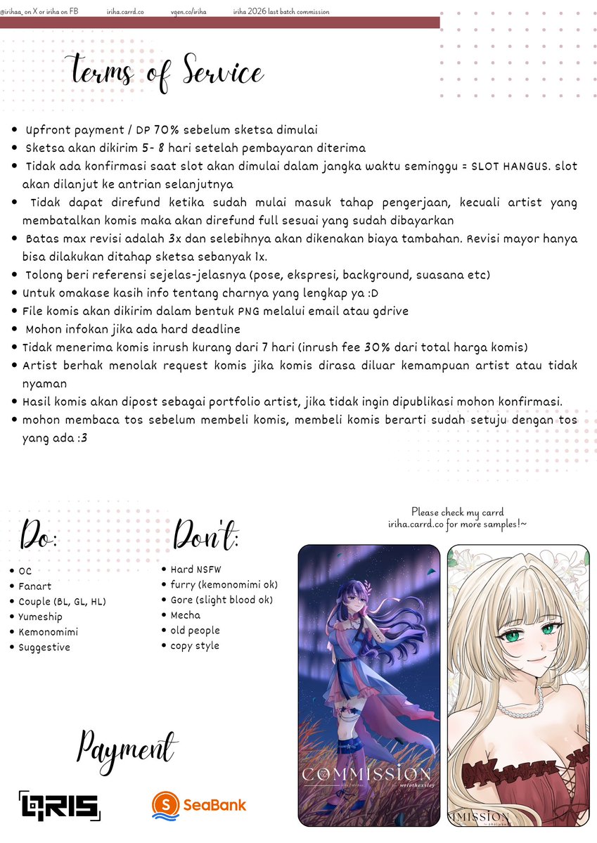 irihaa_'s tweet photo. ✨RT's are appreciated ✨

hallo, aku open commission dengan menu seperti dibawah. mohon baca ToS dulu ya, kalau berminat bisa dm aku (´▽`ʃ♡ƪ)

slot akan di-update di rep. sample &amp; progress: https://t.co/rB4A76felM

#irihappymail #commission #artidn https://t.co/1cf1Ha9Qid
