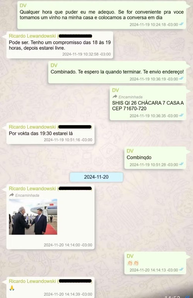 RicardoRoveran's tweet photo. 🚨URGENTE: Mensagens da PF revelam encontro reservado entre Daniel Vorcaro e Ricardo Lewandowski quando ele ainda era Ministro da Justiça de Lula.

Vorcaro procurou Lewandowski em novembro de 24 para conversa em Brasília. https://t.co/V4jUA6Jvpn