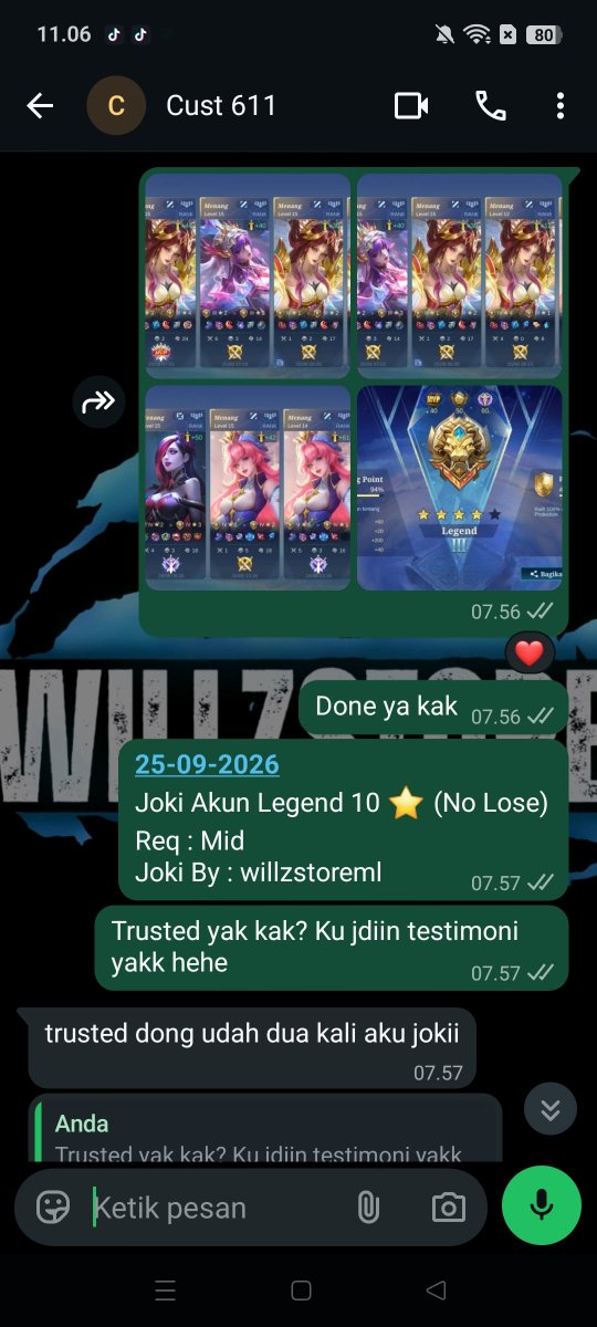 willzstoreml's tweet photo. 26-09-2026 
Testimoni Joki Akun Legend 10 ⭐ (No Lose)
Req : Mid

Yang mau Joki ML / Joki Akun Bisa Langsung WA ya :
Epic 4K / ⭐
Legend 5K / ⭐ https://t.co/iADTEuMCKM